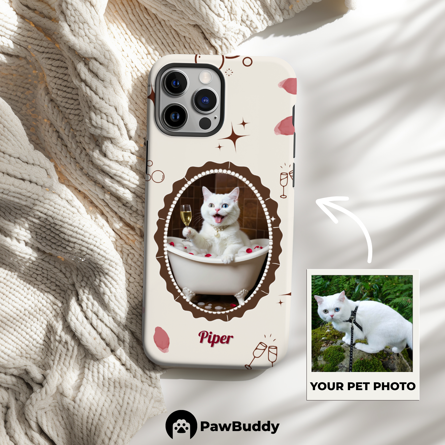 Custom Pet Phone Case for iPhone 11–17, Personalized Luxury Bathtub Brown Frame Design with Pearls and Wine, Dual-Layer Shockproof PC+TPU Protective Cover with Glossy Wraparound Printing, Unique Gift for Pet Lovers