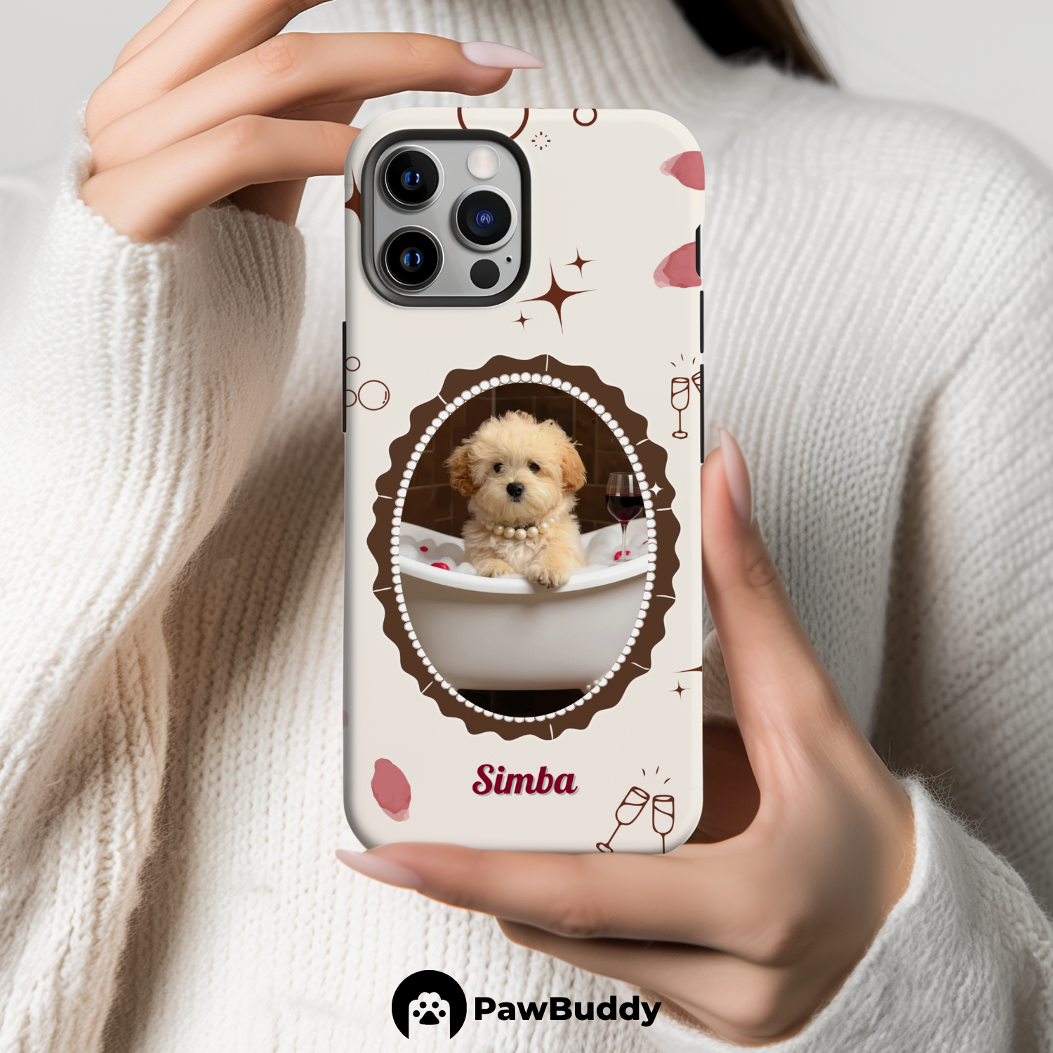 Custom Pet Phone Case for iPhone 11–17, Personalized Luxury Bathtub Brown Frame Design with Pearls and Wine, Dual-Layer Shockproof PC+TPU Protective Cover with Glossy Wraparound Printing, Unique Gift for Pet Lovers
