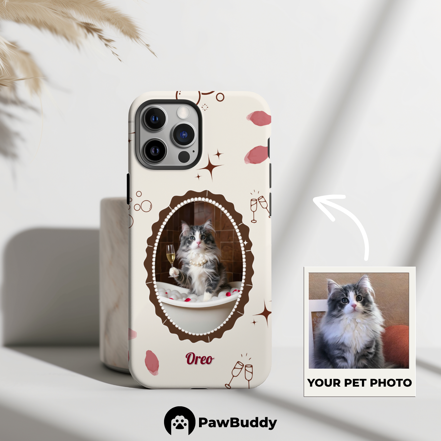 Custom Pet Phone Case for iPhone 11–17, Personalized Luxury Bathtub Brown Frame Design with Pearls and Wine, Dual-Layer Shockproof PC+TPU Protective Cover with Glossy Wraparound Printing, Unique Gift for Pet Lovers