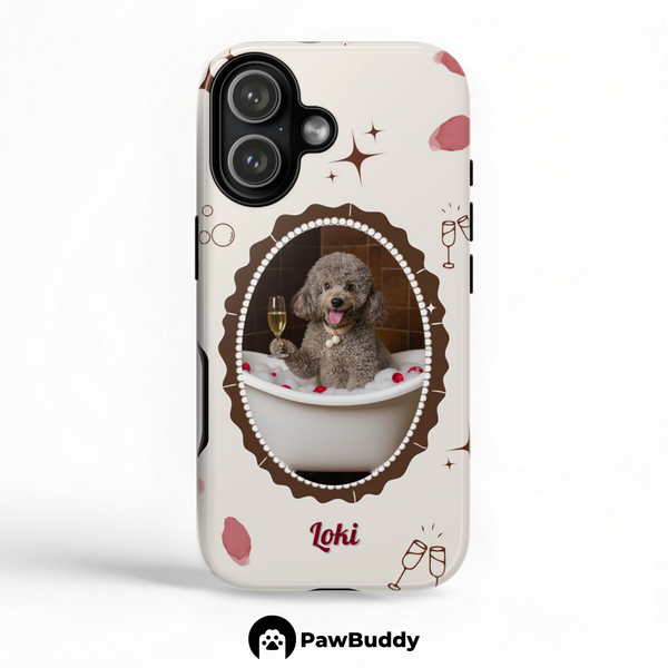 Custom Pet Phone Case for iPhone 11–17, Personalized Luxury Bathtub Brown Frame Design with Pearls and Wine, Dual-Layer Shockproof PC+TPU Protective Cover with Glossy Wraparound Printing, Unique Gift for Pet Lovers