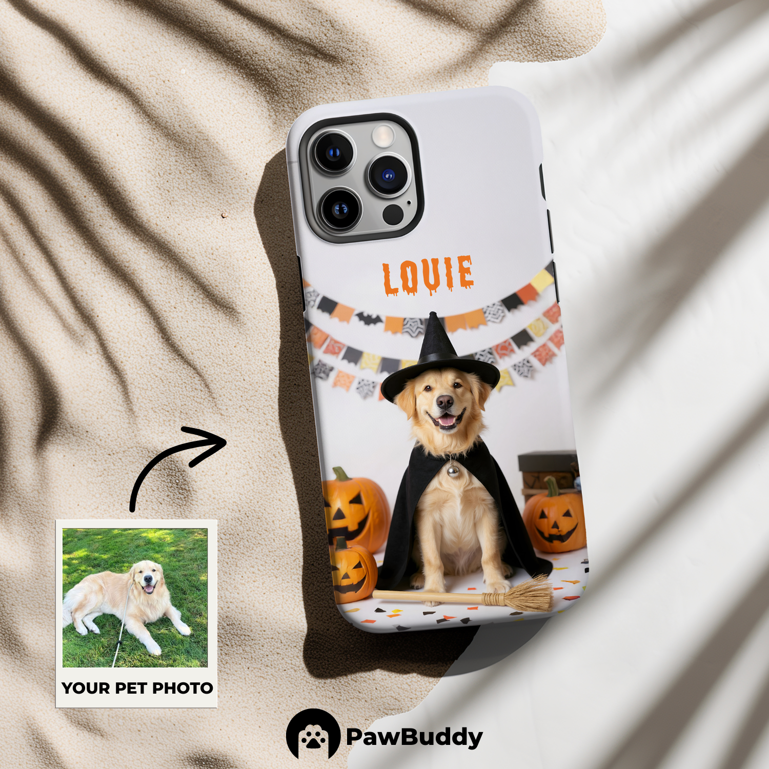 Custom Pet Phone Case for iPhone 11–17, Personalized Halloween Witch Studio Design with Pumpkins and Broom, Dual-Layer Shockproof PC+TPU Protective Cover with Glossy Wraparound Printing, Unique Gift for Pet Lovers