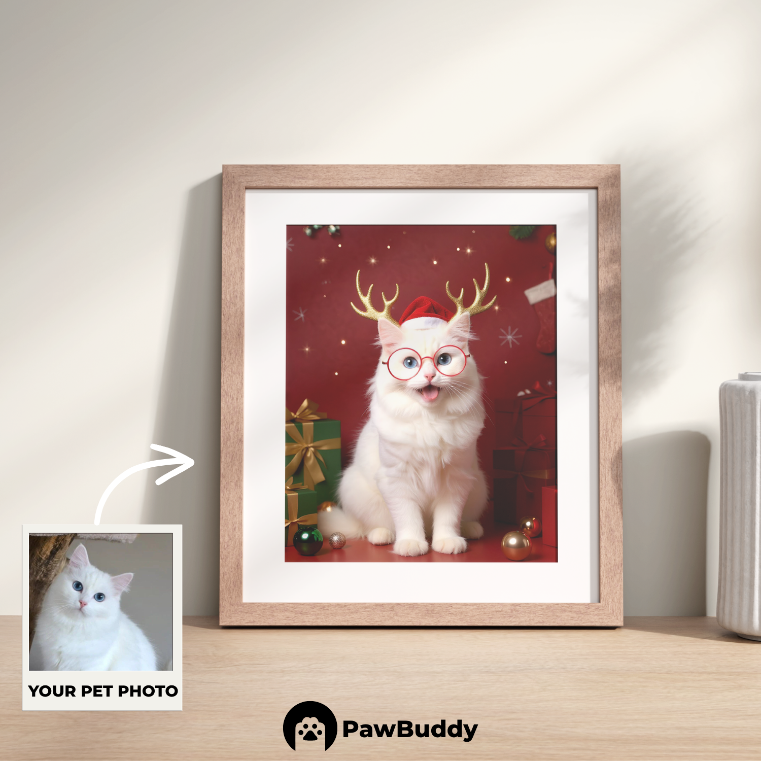 Custom Pet Poster Merry Reindeer Christmas Portrait – Personalized High-Resolution Matte Print for Wall Art, Home Decor, or Unique Holiday Gifts for Pet Lovers (Frame Not Included)