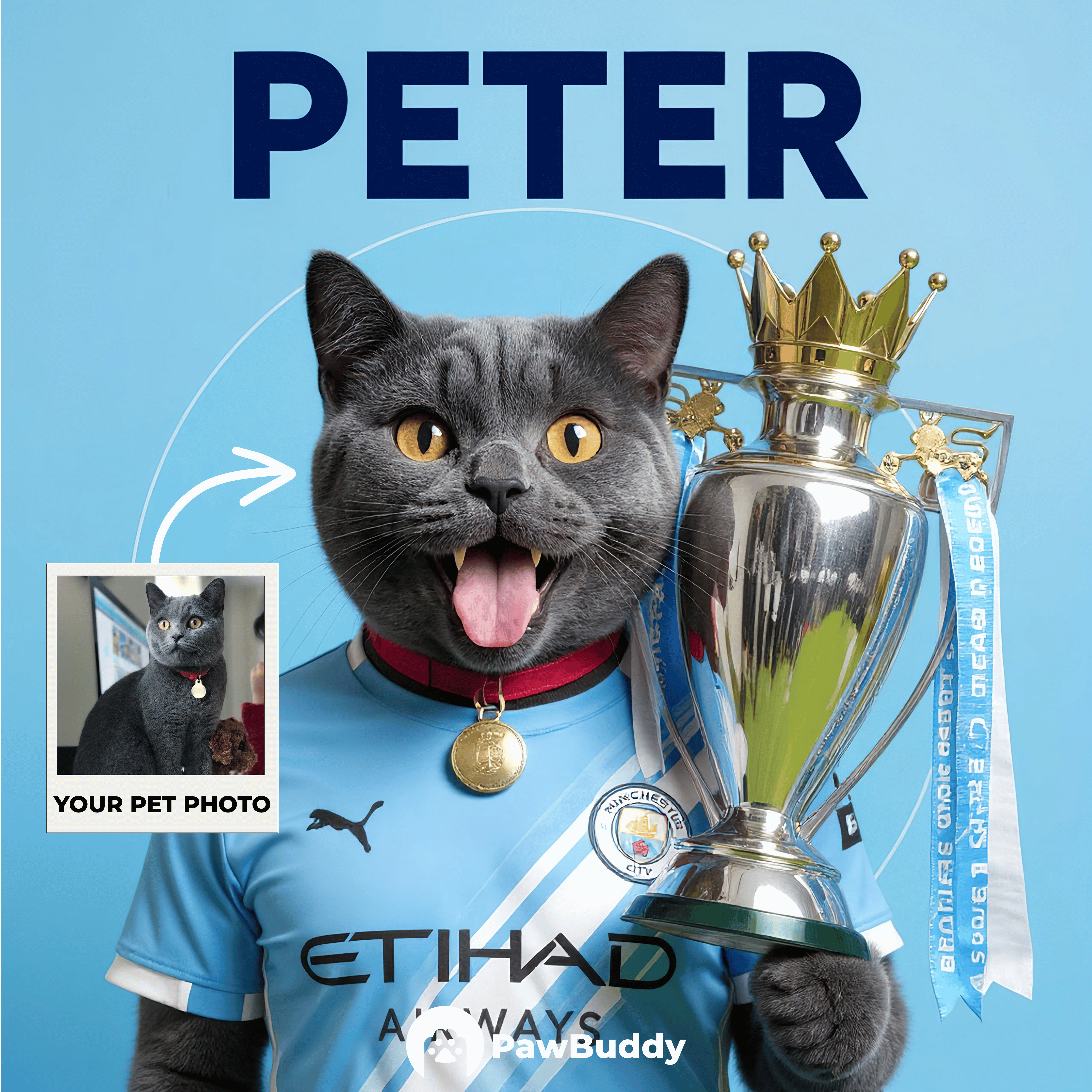 Custom Pet Portrait Sky Blue Champion Digital Artwork – Personalized High-Resolution Artwork for Pet Lovers, Perfect for Online Sharing or as a Premier Football-Inspired Keepsake
