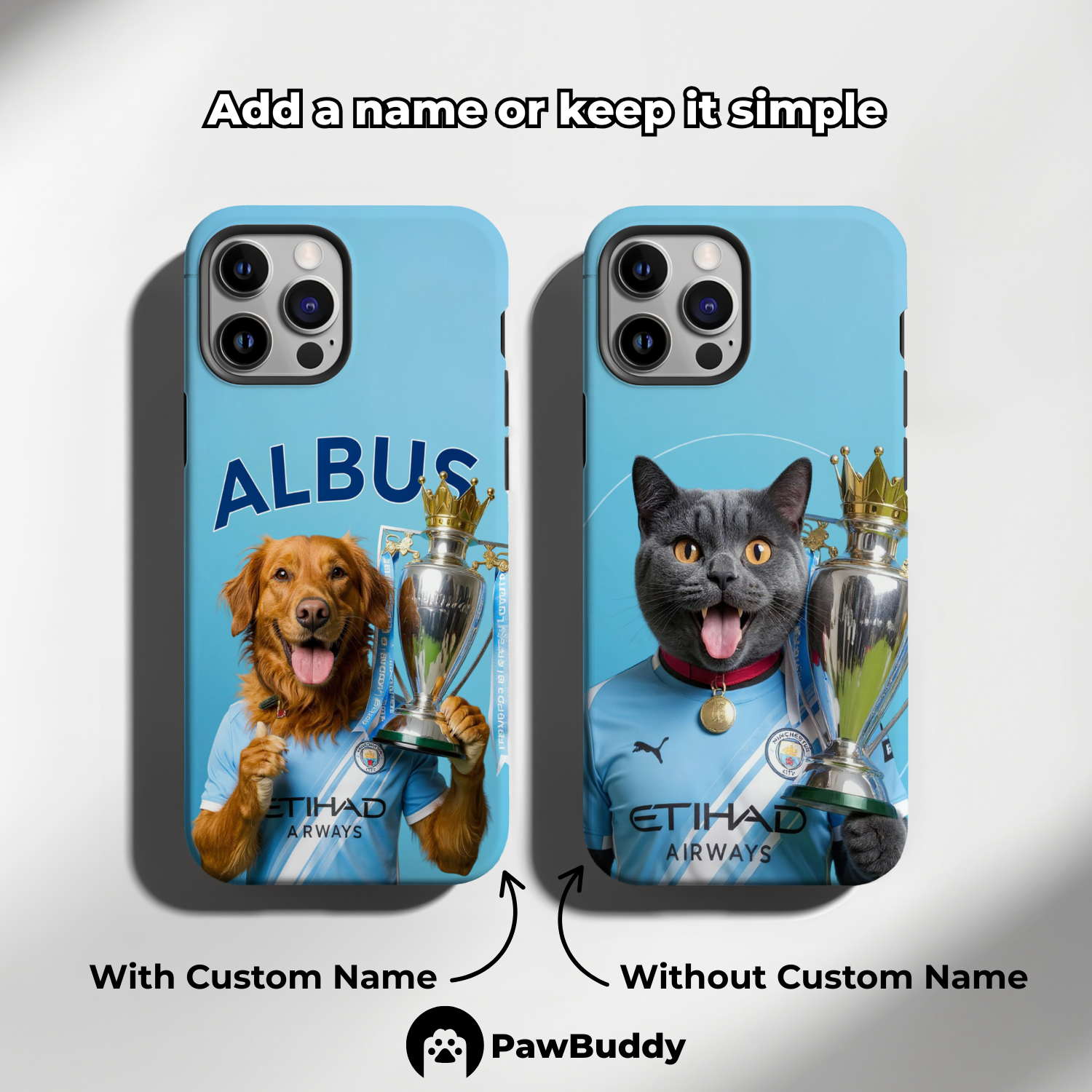 Custom Pet Phone Case for iPhone 11–17, Personalized Soccer Champion Blue Jersey Trophy Design, Dual-Layer Shockproof PC+TPU Protective Cover with Glossy Wraparound Printing, Unique Gift for Pet Lovers