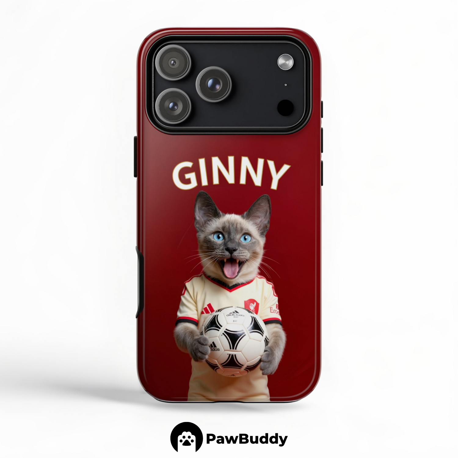 Custom Pet Phone Case for iPhone 11–17, Personalized Soccer Red Stadium Design with Cream Jersey and Ball, Dual-Layer Shockproof PC+TPU Protective Cover with Glossy Wraparound Printing, Unique Gift for Pet Lovers