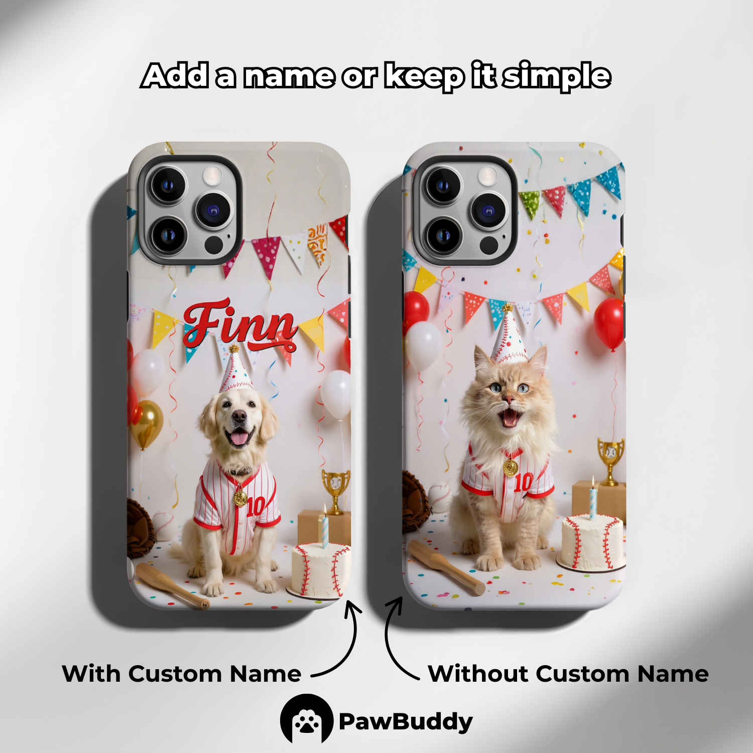 Custom Pet Phone Case for iPhone 11–17, Personalized Baseball Birthday Celebration Red and White Studio Design with Cake and Ball Decor, Dual-Layer Shockproof PC+TPU Protective Cover with Glossy Wraparound Printing, Unique Gift for Pet Lovers