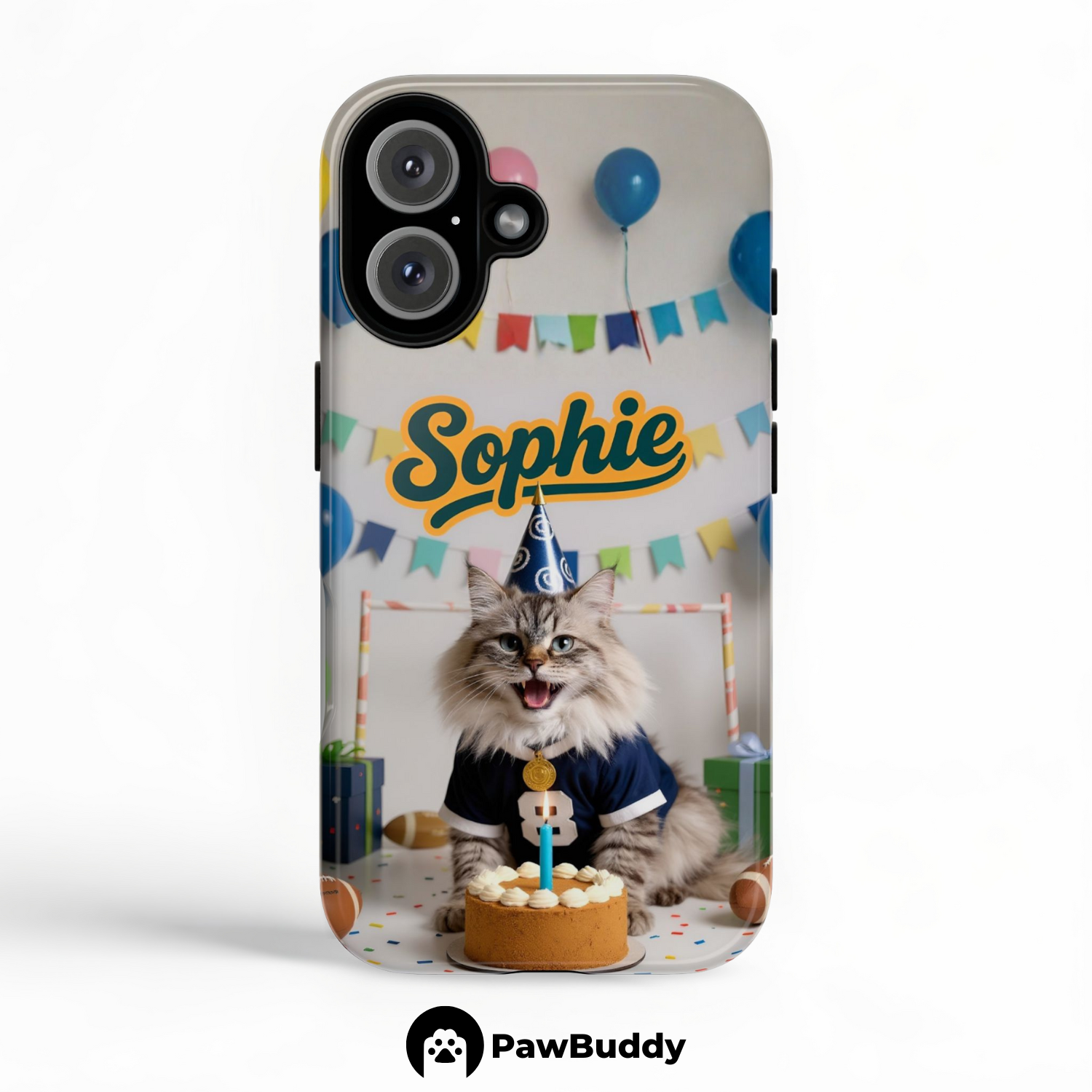 Custom Pet Phone Case for iPhone 11–17, Personalized Football Birthday Celebration Blue and White Studio Design with Cake and Ball Decor, Dual-Layer Shockproof PC+TPU Protective Cover with Glossy Wraparound Printing, Unique Gift for Pet Lovers
