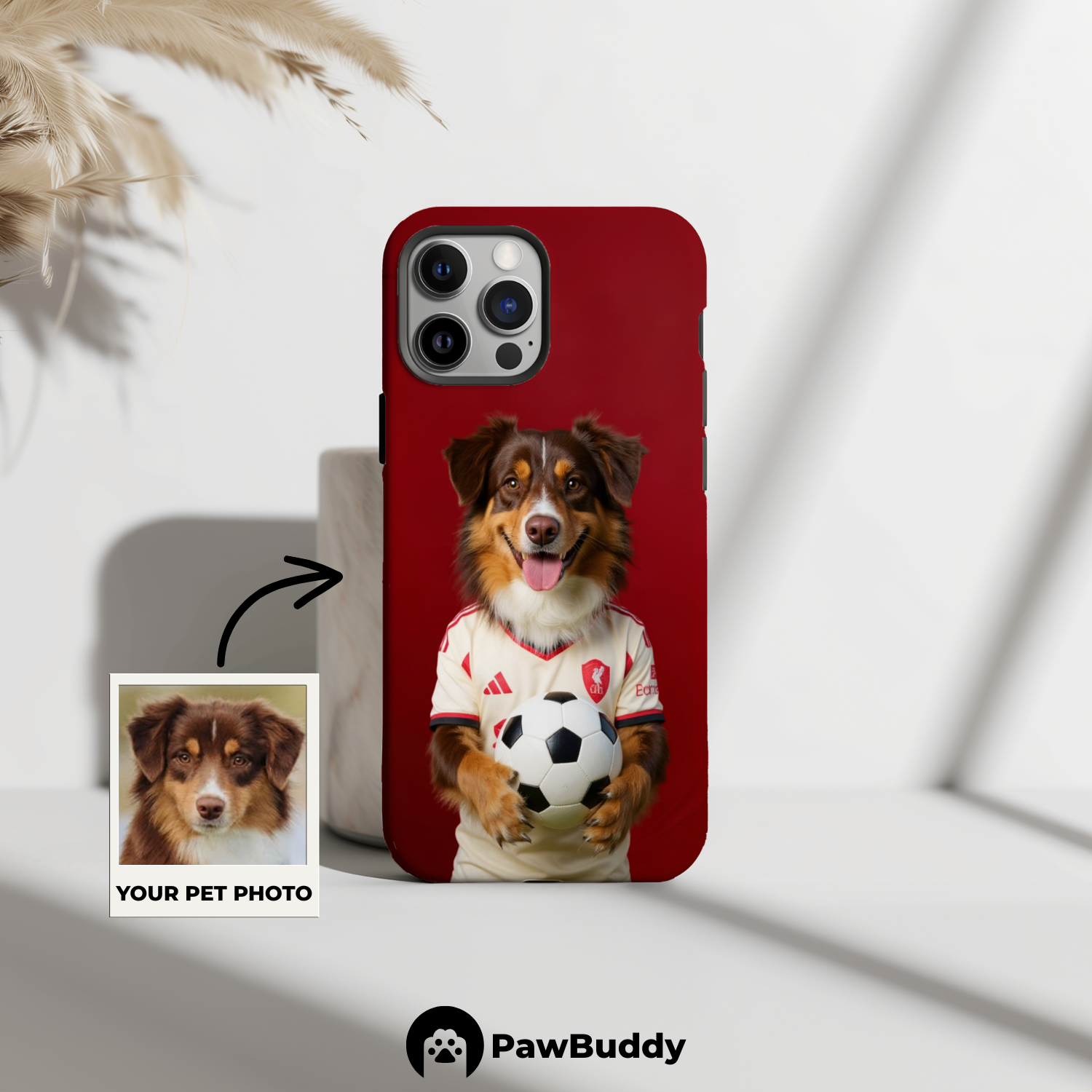 Custom Pet Phone Case for iPhone 11–17, Personalized Soccer Red Stadium Design with Cream Jersey and Ball, Dual-Layer Shockproof PC+TPU Protective Cover with Glossy Wraparound Printing, Unique Gift for Pet Lovers