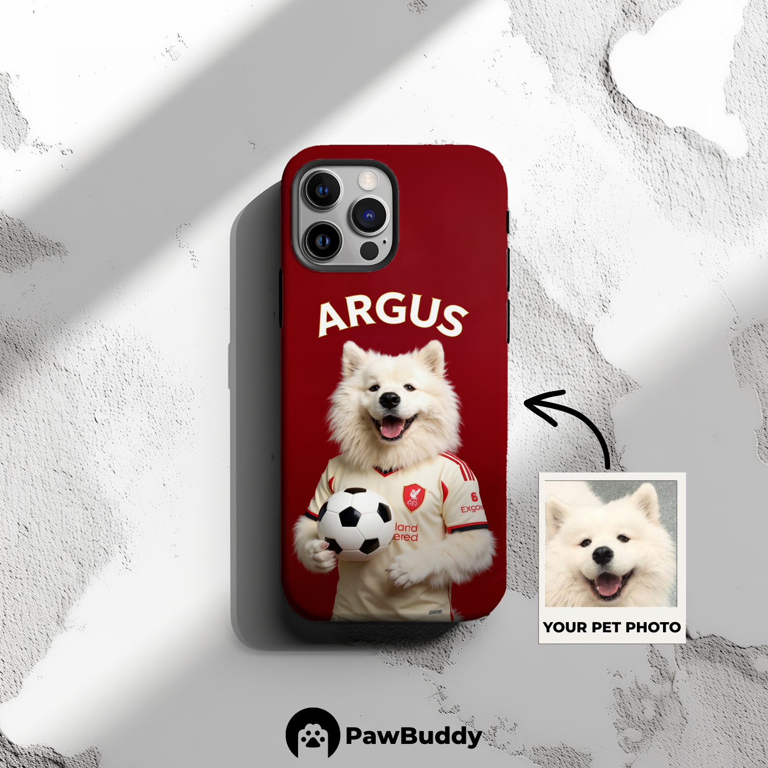 Custom Pet Phone Case for iPhone 11–17, Personalized Soccer Red Stadium Design with Cream Jersey and Ball, Dual-Layer Shockproof PC+TPU Protective Cover with Glossy Wraparound Printing, Unique Gift for Pet Lovers