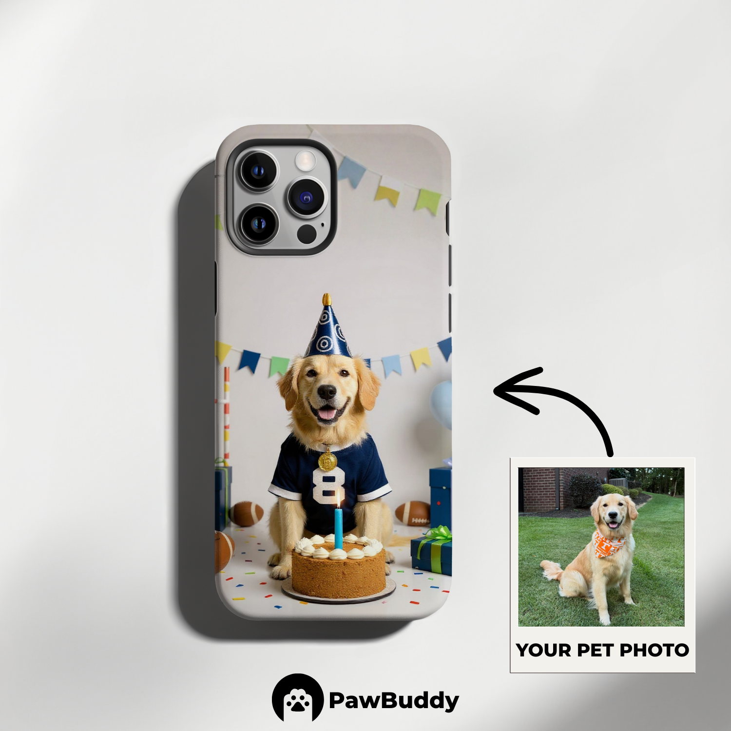 Custom Pet Phone Case for iPhone 11–17, Personalized Football Birthday Celebration Blue and White Studio Design with Cake and Ball Decor, Dual-Layer Shockproof PC+TPU Protective Cover with Glossy Wraparound Printing, Unique Gift for Pet Lovers