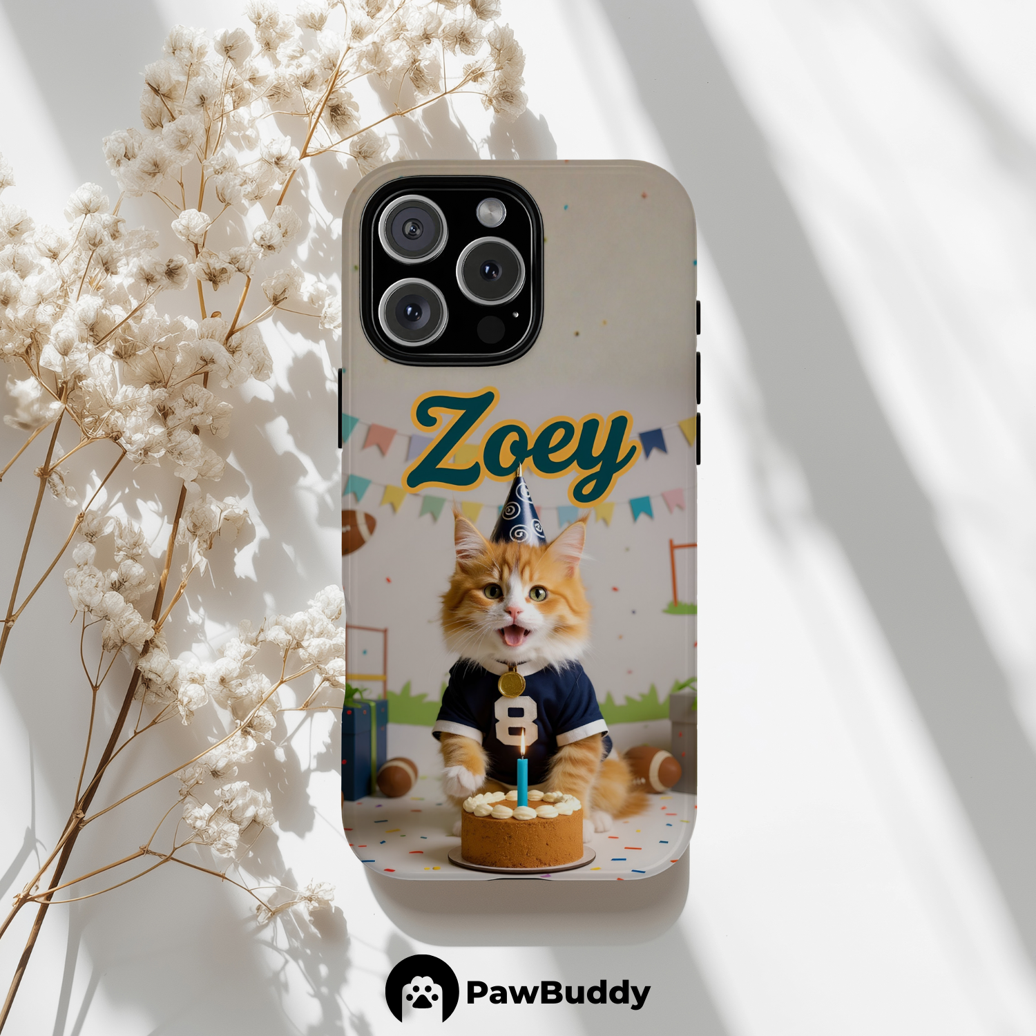 Custom Pet Phone Case for iPhone 11–17, Personalized Football Birthday Celebration Blue and White Studio Design with Cake and Ball Decor, Dual-Layer Shockproof PC+TPU Protective Cover with Glossy Wraparound Printing, Unique Gift for Pet Lovers
