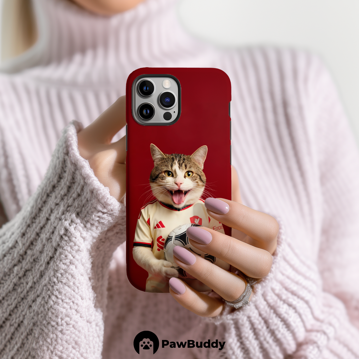 Custom Pet Phone Case for iPhone 11–17, Personalized Soccer Red Stadium Design with Cream Jersey and Ball, Dual-Layer Shockproof PC+TPU Protective Cover with Glossy Wraparound Printing, Unique Gift for Pet Lovers