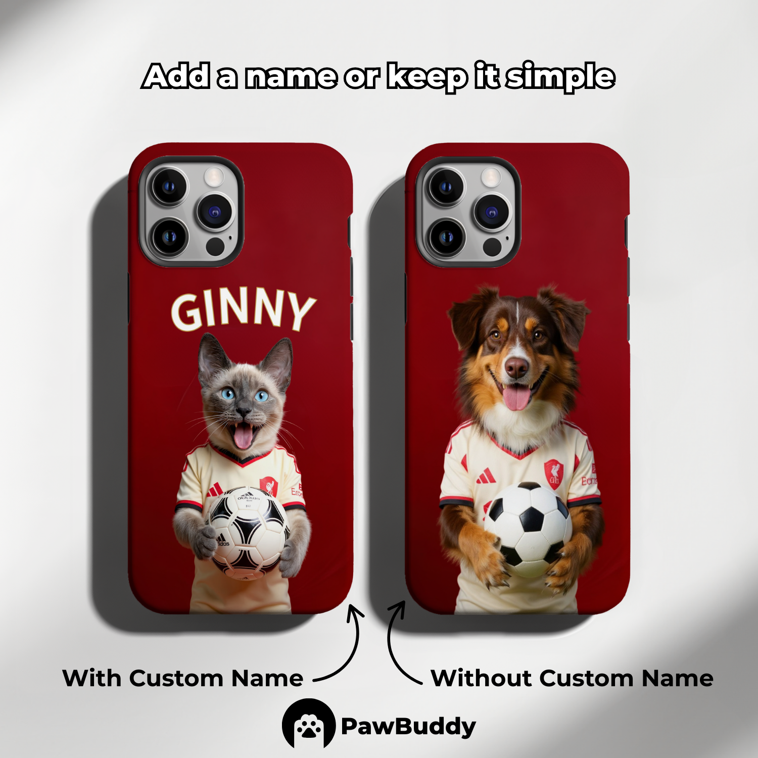 Custom Pet Phone Case for iPhone 11–17, Personalized Soccer Red Stadium Design with Cream Jersey and Ball, Dual-Layer Shockproof PC+TPU Protective Cover with Glossy Wraparound Printing, Unique Gift for Pet Lovers