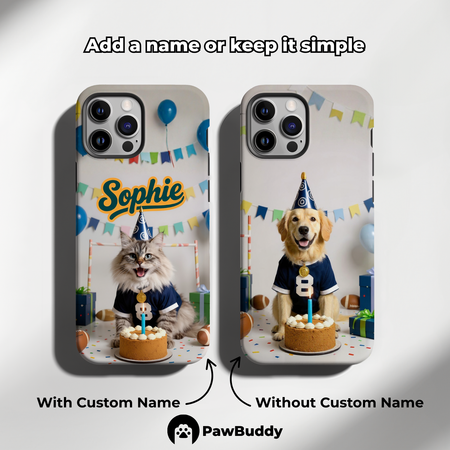 Custom Pet Phone Case for iPhone 11–17, Personalized Football Birthday Celebration Blue and White Studio Design with Cake and Ball Decor, Dual-Layer Shockproof PC+TPU Protective Cover with Glossy Wraparound Printing, Unique Gift for Pet Lovers