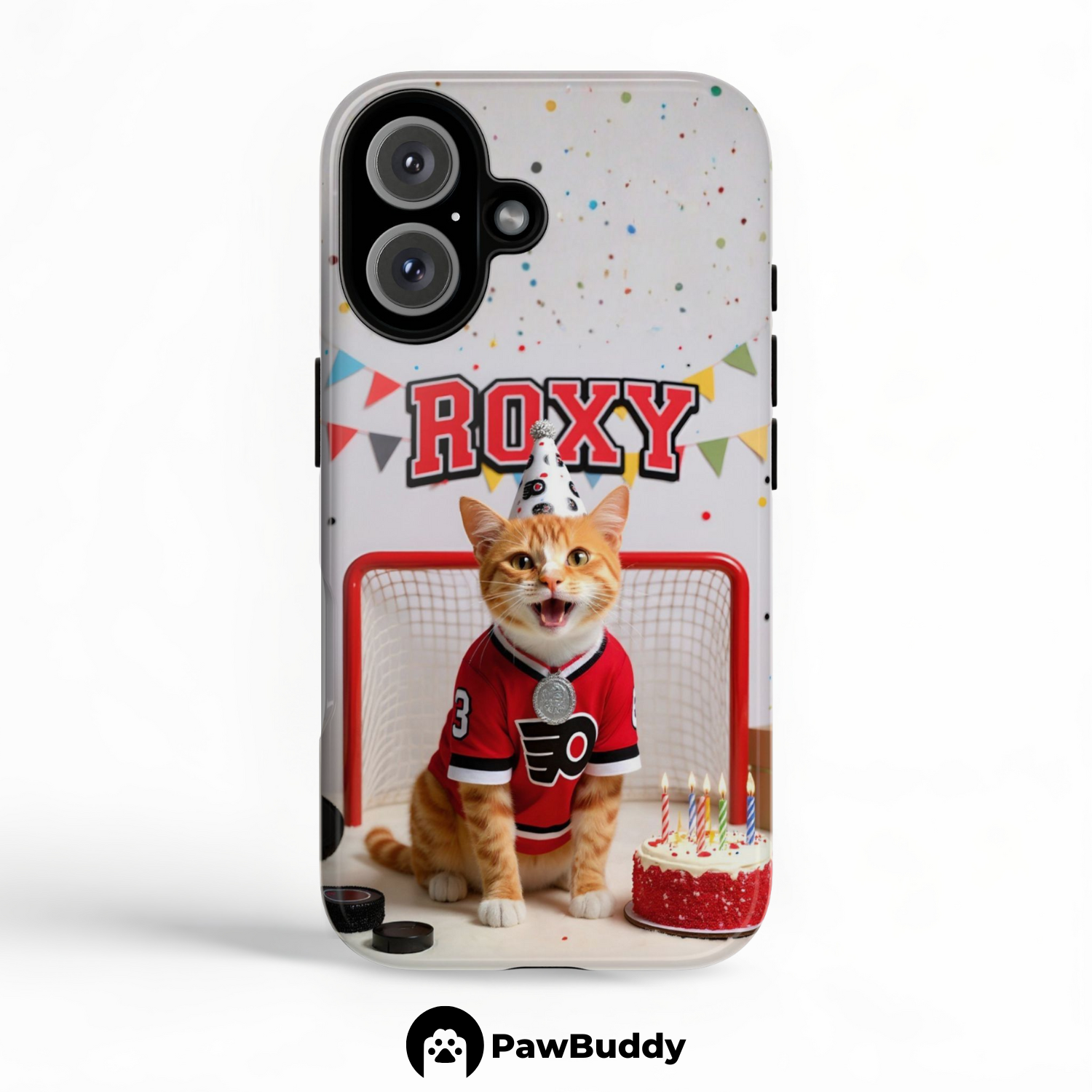 Custom Pet Phone Case for iPhone 11–17, Personalized Hockey Birthday Celebration Red and White Studio Design with Cake and Goal Net Decor, Dual-Layer Shockproof PC+TPU Protective Cover with Glossy Wraparound Printing, Unique Gift for Pet Lovers