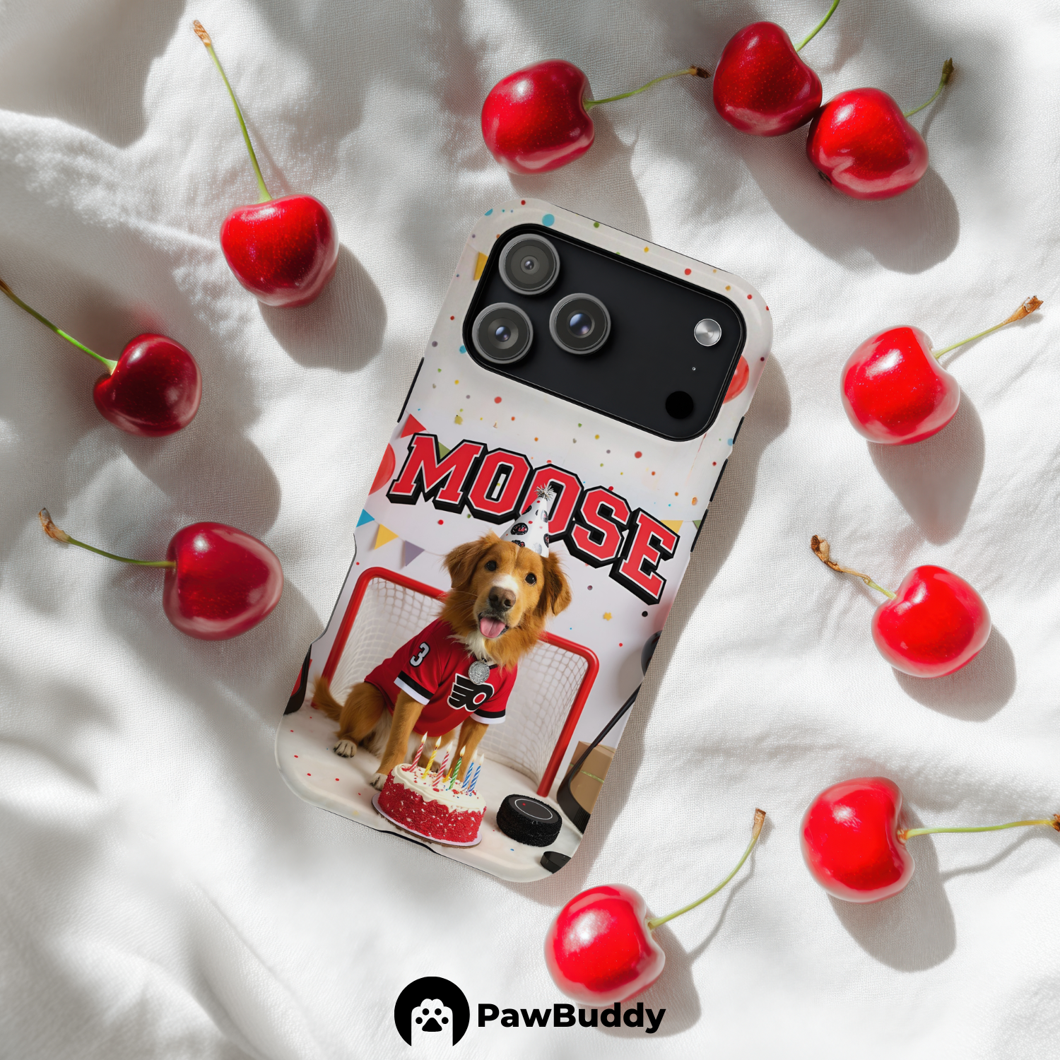 Custom Pet Phone Case for iPhone 11–17, Personalized Hockey Birthday Celebration Red and White Studio Design with Cake and Goal Net Decor, Dual-Layer Shockproof PC+TPU Protective Cover with Glossy Wraparound Printing, Unique Gift for Pet Lovers