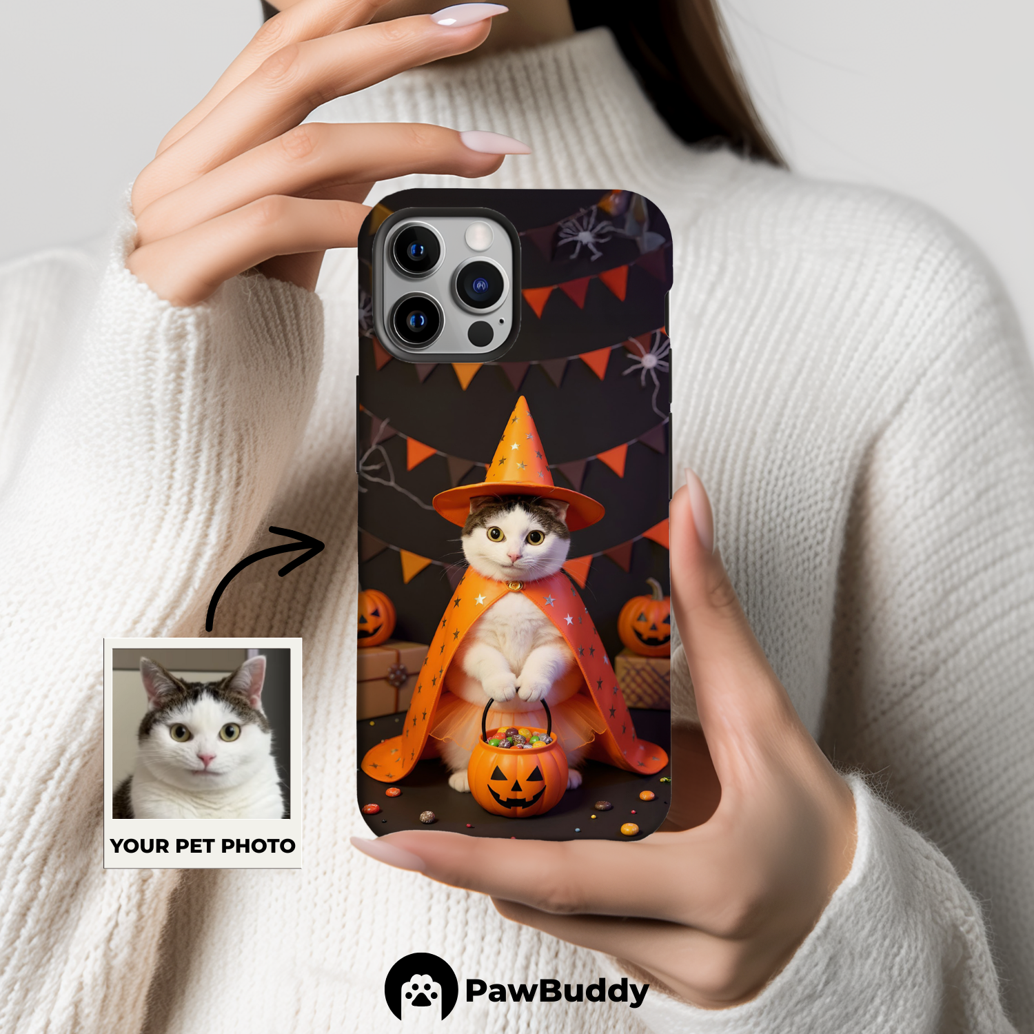 Custom Pet Phone Case for iPhone 11–17, Personalized Halloween Witch Pumpkin Orange Studio Design with Costume and Decor, Dual-Layer Shockproof PC+TPU Protective Cover with Glossy Wraparound Printing, Unique Gift for Pet Lovers