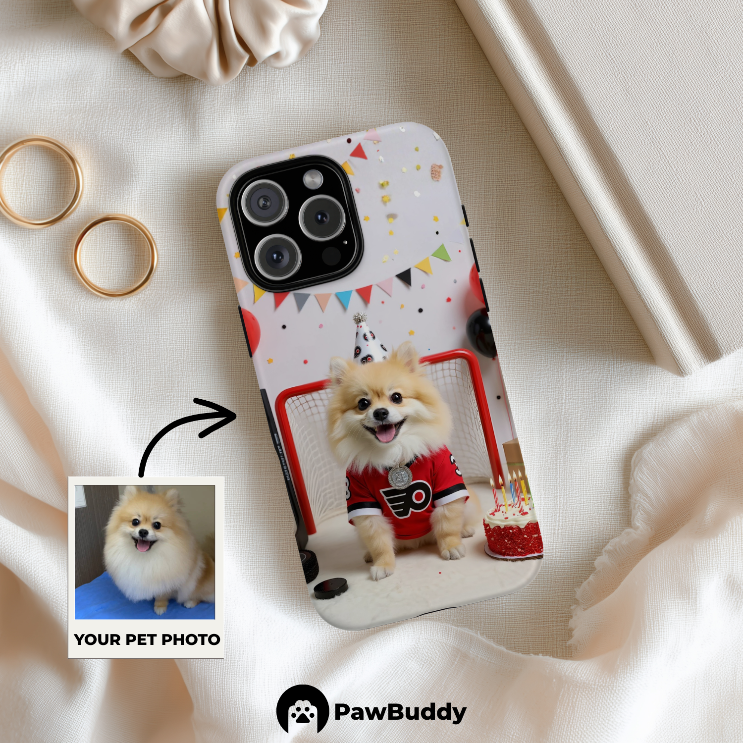 Custom Pet Phone Case for iPhone 11–17, Personalized Hockey Birthday Celebration Red and White Studio Design with Cake and Goal Net Decor, Dual-Layer Shockproof PC+TPU Protective Cover with Glossy Wraparound Printing, Unique Gift for Pet Lovers