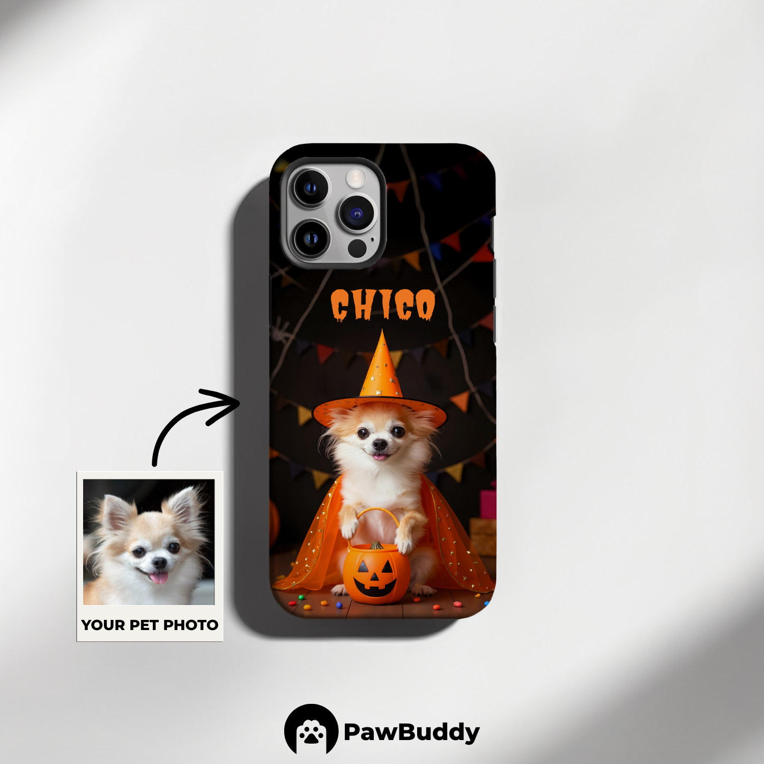 Custom Pet Phone Case for iPhone 11–17, Personalized Halloween Witch Pumpkin Orange Studio Design with Costume and Decor, Dual-Layer Shockproof PC+TPU Protective Cover with Glossy Wraparound Printing, Unique Gift for Pet Lovers