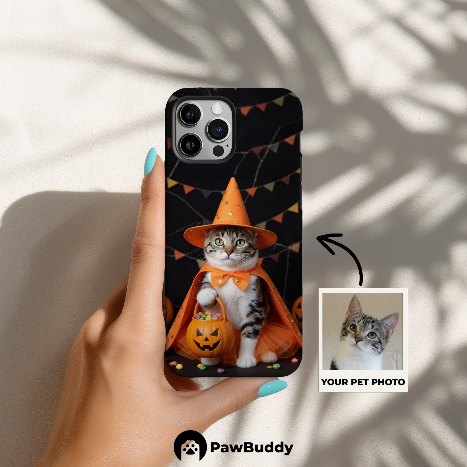 Custom Pet Phone Case for iPhone 11–17, Personalized Halloween Witch Pumpkin Orange Studio Design with Costume and Decor, Dual-Layer Shockproof PC+TPU Protective Cover with Glossy Wraparound Printing, Unique Gift for Pet Lovers