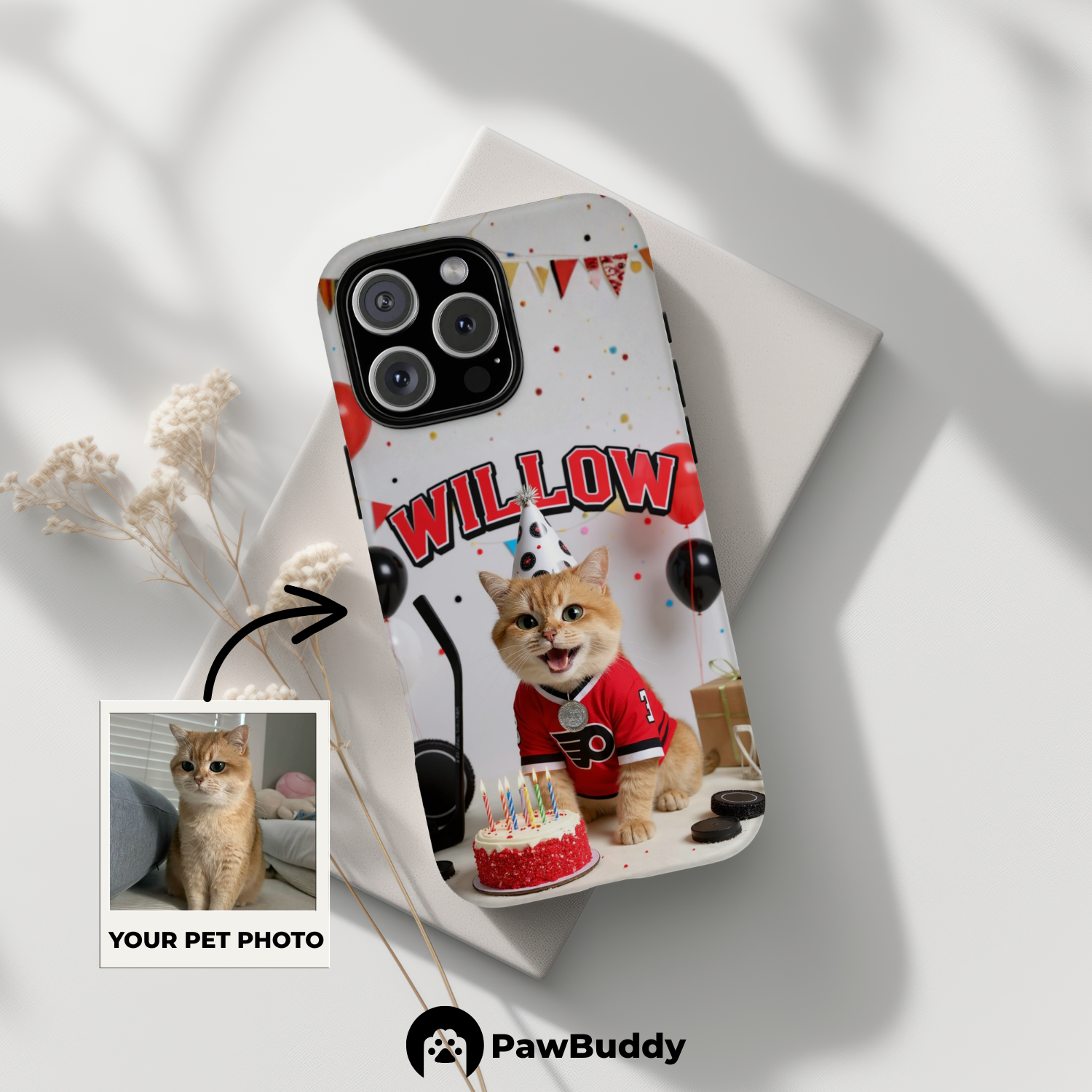 Custom Pet Phone Case for iPhone 11–17, Personalized Hockey Birthday Celebration Red and White Studio Design with Cake and Goal Net Decor, Dual-Layer Shockproof PC+TPU Protective Cover with Glossy Wraparound Printing, Unique Gift for Pet Lovers