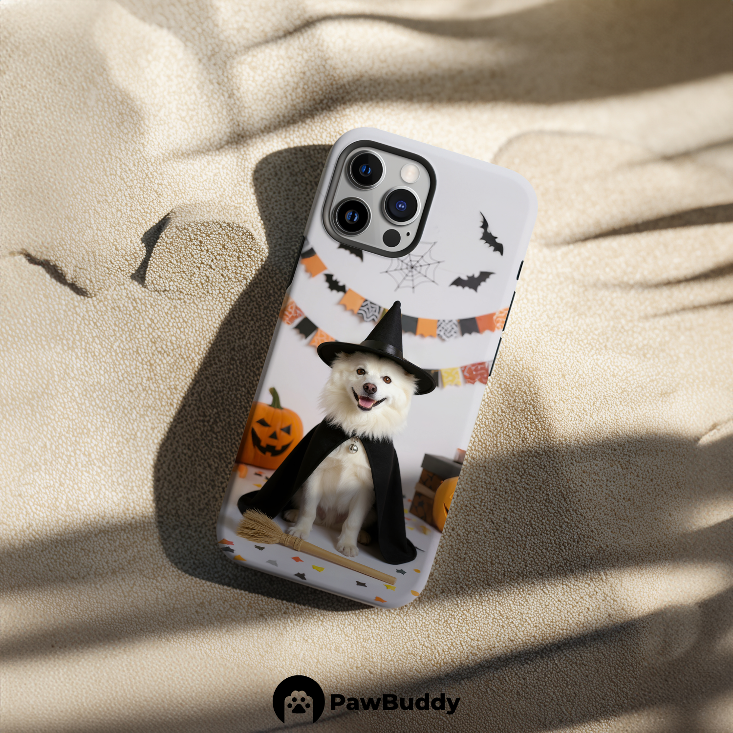 Custom Pet Phone Case for iPhone 11–17, Personalized Halloween Witch Studio Design with Pumpkins and Broom, Dual-Layer Shockproof PC+TPU Protective Cover with Glossy Wraparound Printing, Unique Gift for Pet Lovers