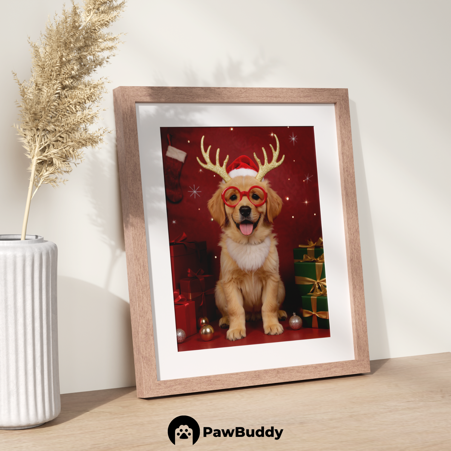 Custom Pet Poster Merry Reindeer Christmas Portrait – Personalized High-Resolution Matte Print for Wall Art, Home Decor, or Unique Holiday Gifts for Pet Lovers (Frame Not Included)