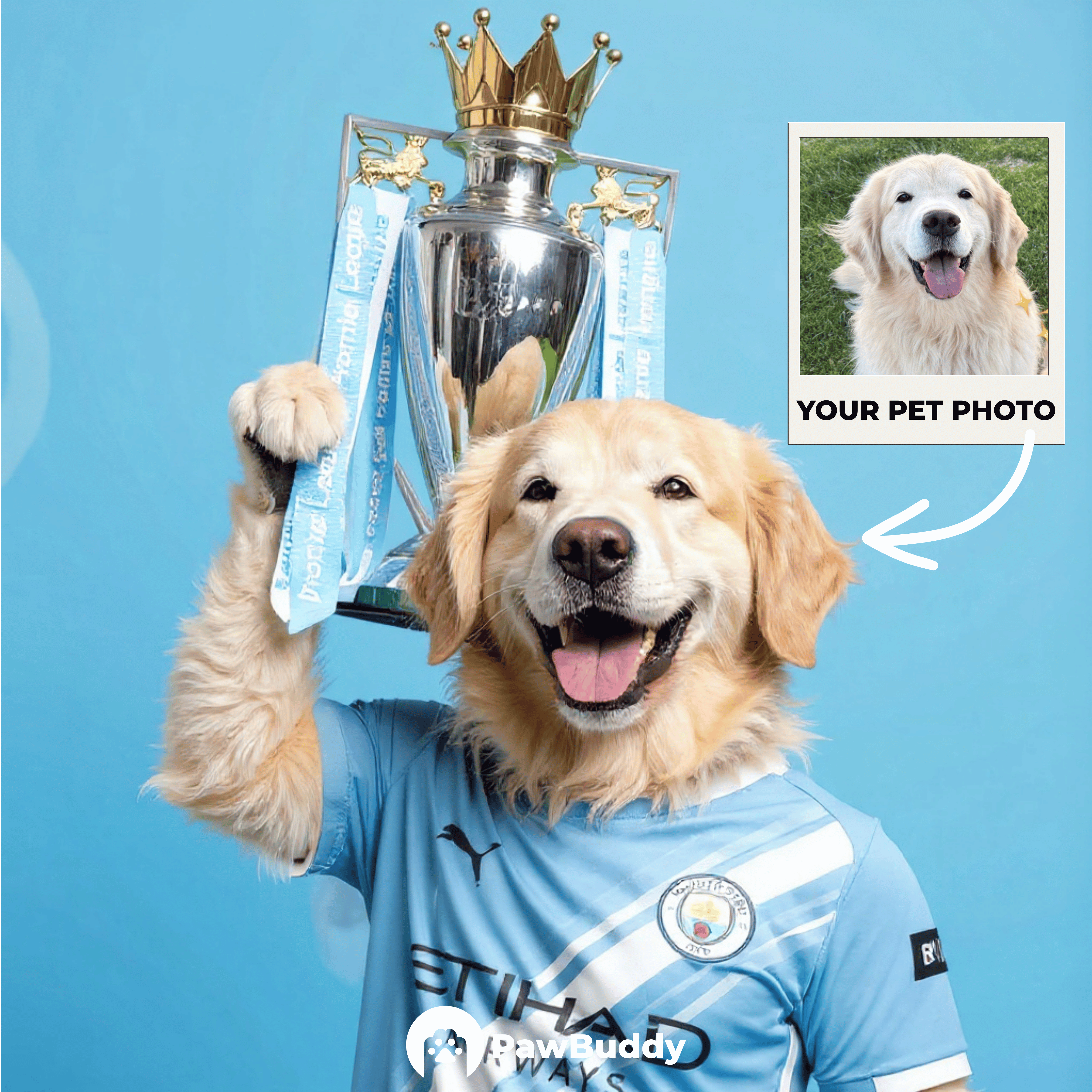 Custom Pet Portrait Sky Blue Champion Digital Artwork – Personalized High-Resolution Artwork for Pet Lovers, Perfect for Online Sharing or as a Premier Football-Inspired Keepsake