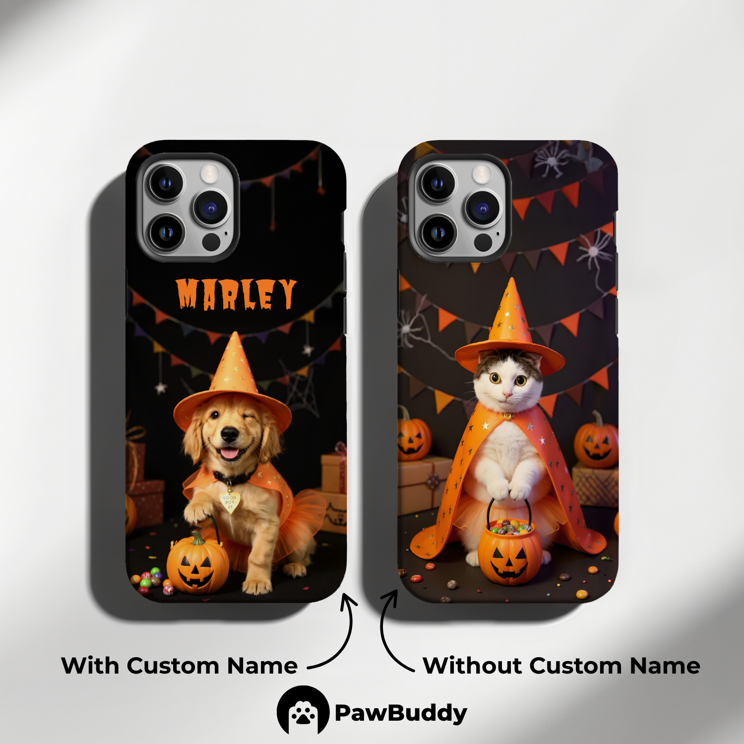 Custom Pet Phone Case for iPhone 11–17, Personalized Halloween Witch Pumpkin Orange Studio Design with Costume and Decor, Dual-Layer Shockproof PC+TPU Protective Cover with Glossy Wraparound Printing, Unique Gift for Pet Lovers
