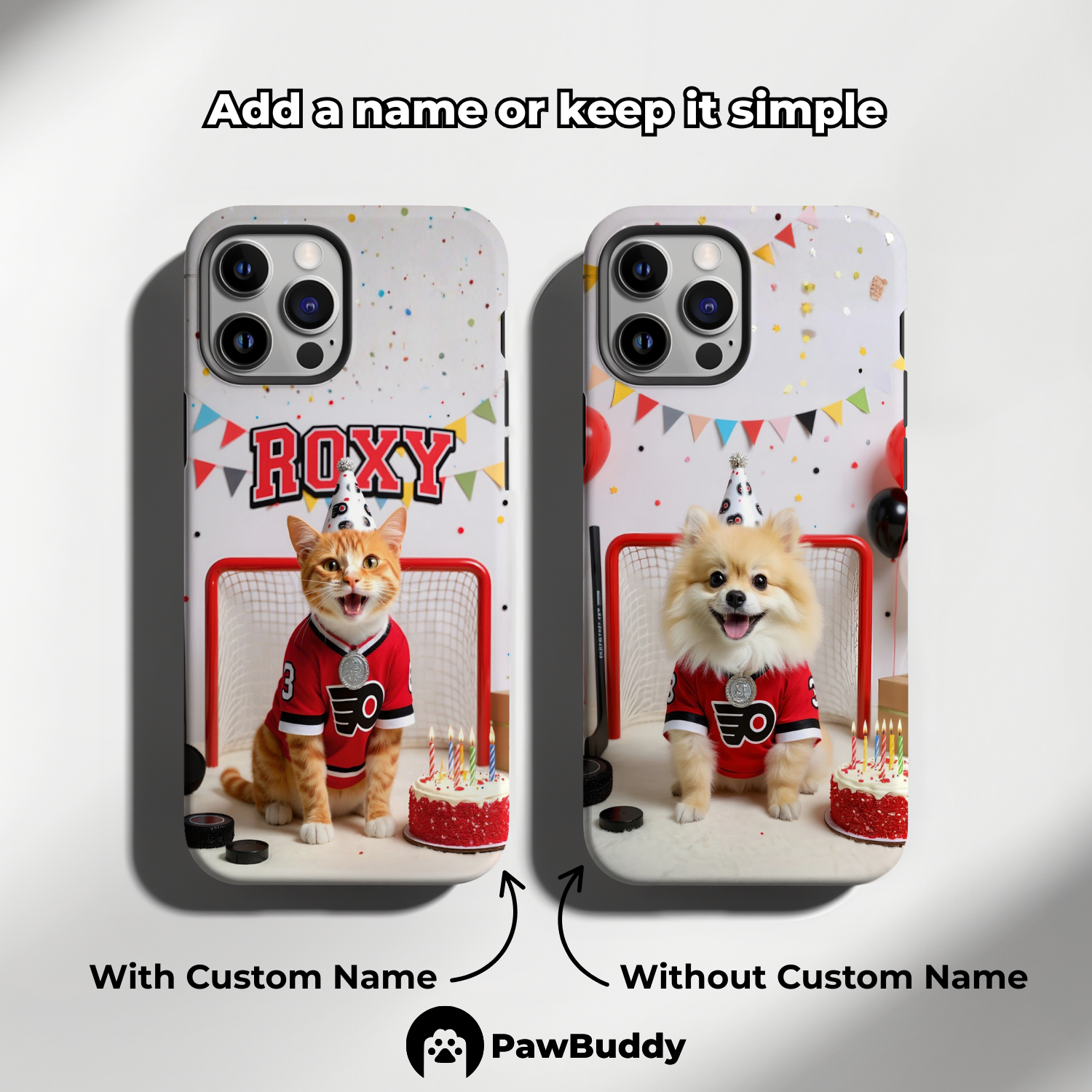 Custom Pet Phone Case for iPhone 11–17, Personalized Hockey Birthday Celebration Red and White Studio Design with Cake and Goal Net Decor, Dual-Layer Shockproof PC+TPU Protective Cover with Glossy Wraparound Printing, Unique Gift for Pet Lovers