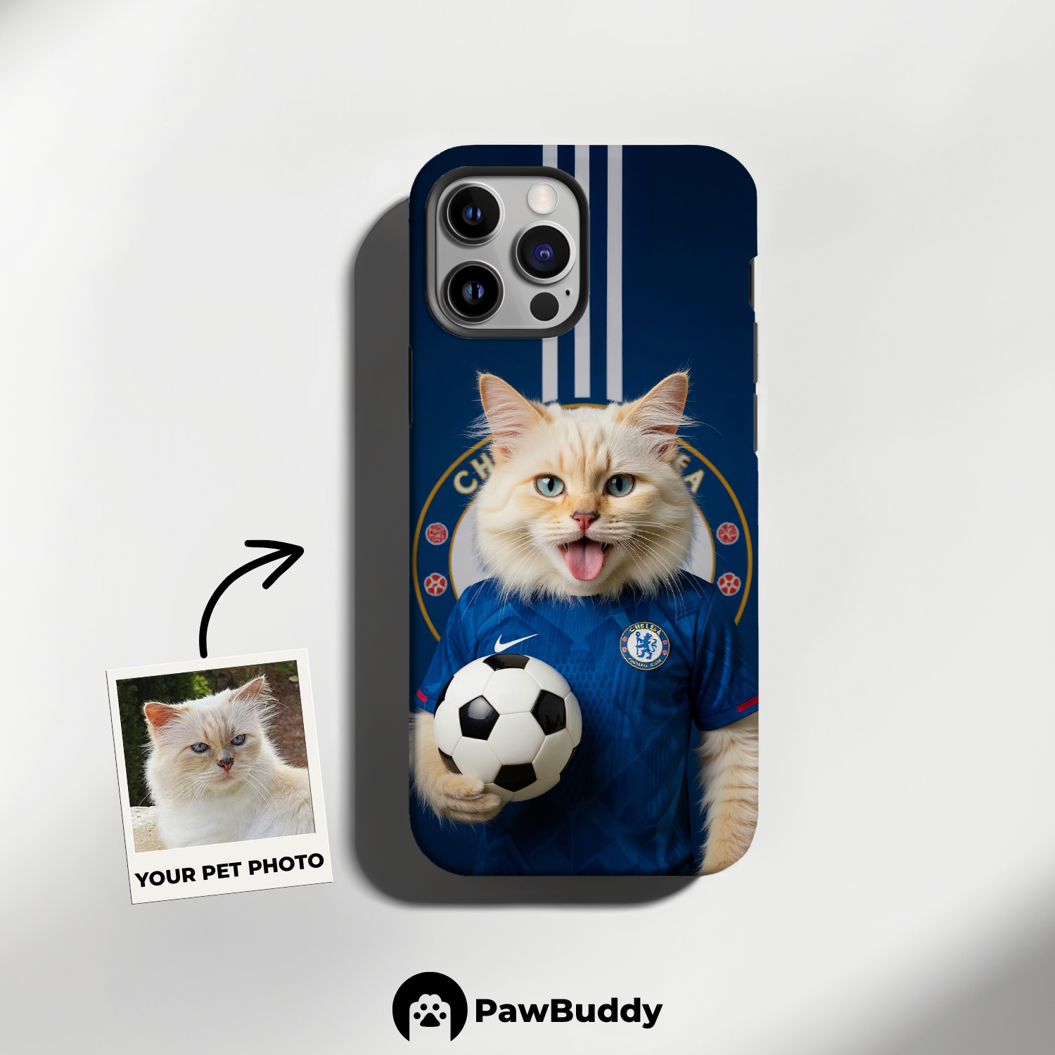 Custom Pet Phone Case for iPhone 11–17, Personalized Blue Champion Soccer Portrait Design, Dual-Layer Shockproof PC+TPU Protective Cover with Glossy Wraparound Printing, Unique Gift for Pet Lovers