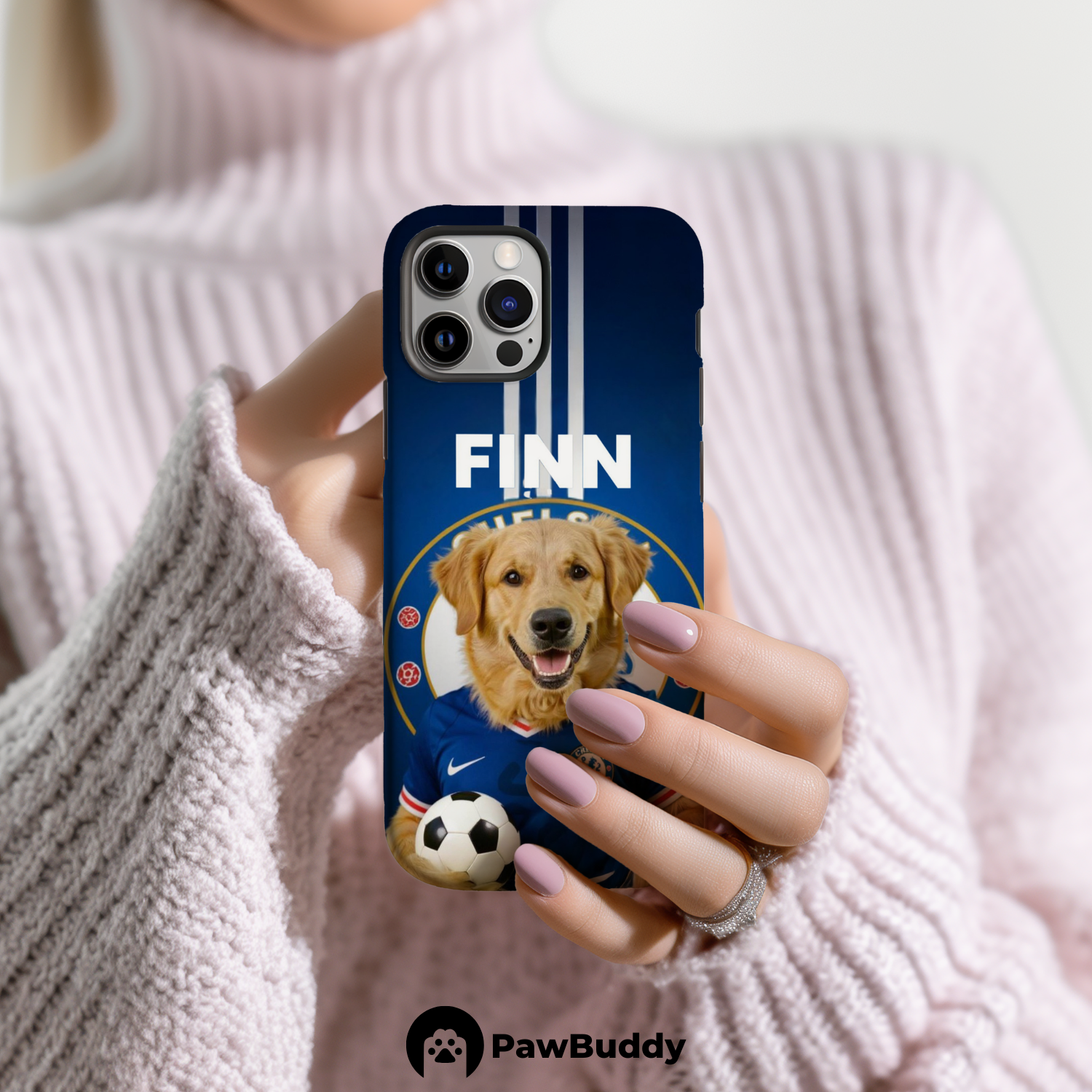 Custom Pet Phone Case for iPhone 11–17, Personalized Blue Champion Soccer Portrait Design, Dual-Layer Shockproof PC+TPU Protective Cover with Glossy Wraparound Printing, Unique Gift for Pet Lovers