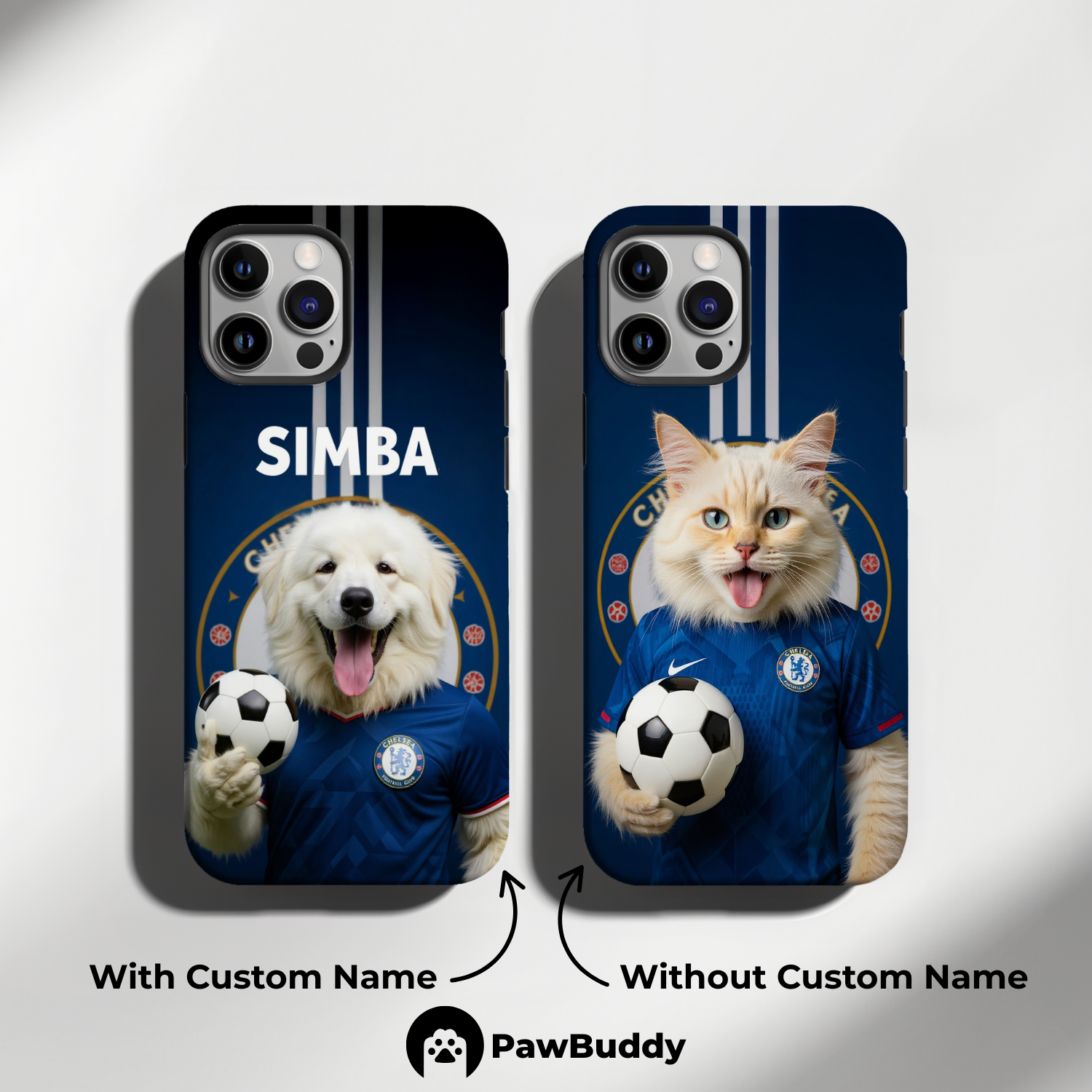 Custom Pet Phone Case for iPhone 11–17, Personalized Blue Champion Soccer Portrait Design, Dual-Layer Shockproof PC+TPU Protective Cover with Glossy Wraparound Printing, Unique Gift for Pet Lovers