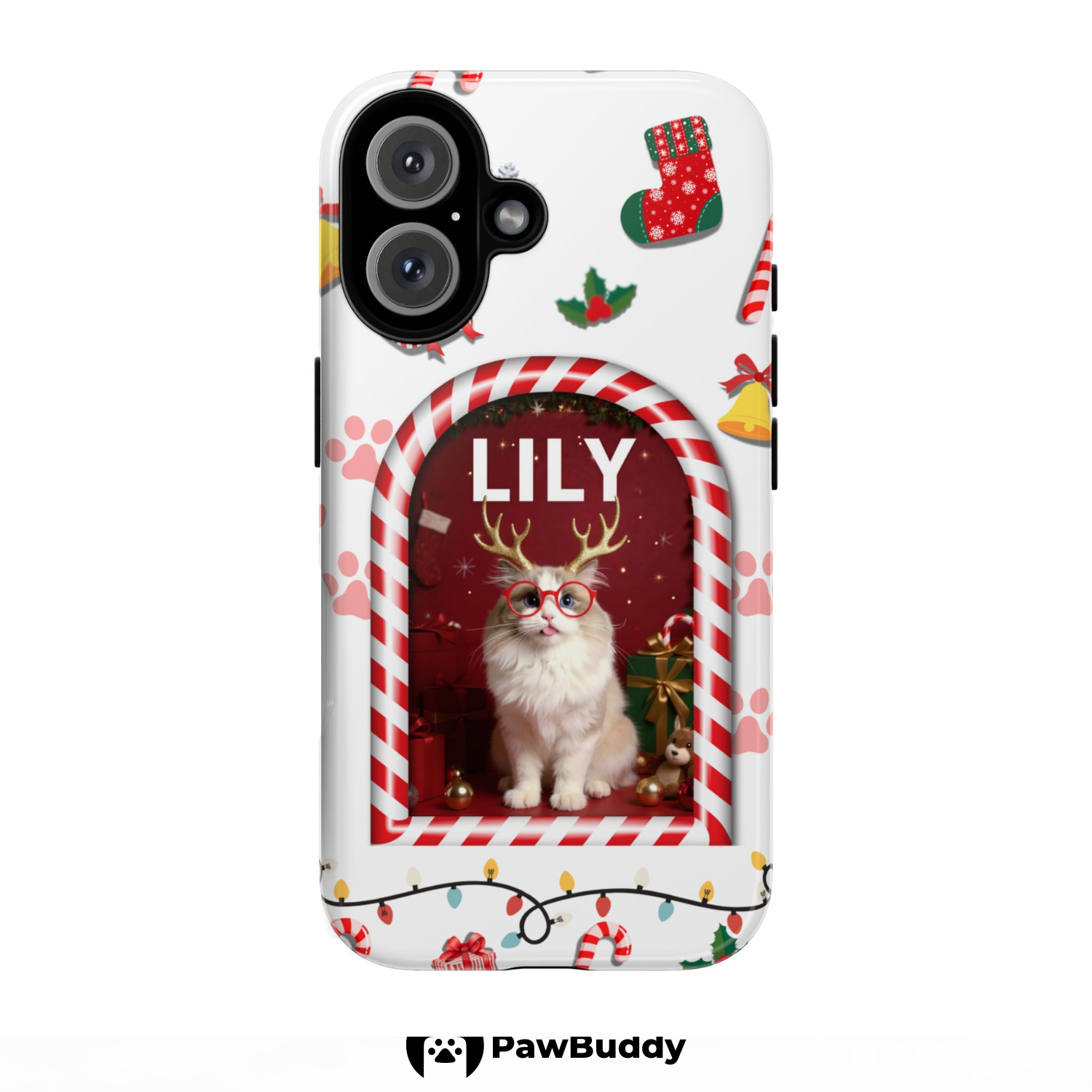 Custom Pet Phone Case for iPhone 11-17, Personalized Festive Candy Cane Christmas Reindeer Design, Dual-Layer Shockproof PC+TPU Protective Cover with Glossy Wraparound Printing, Unique Gift for Pet Lovers