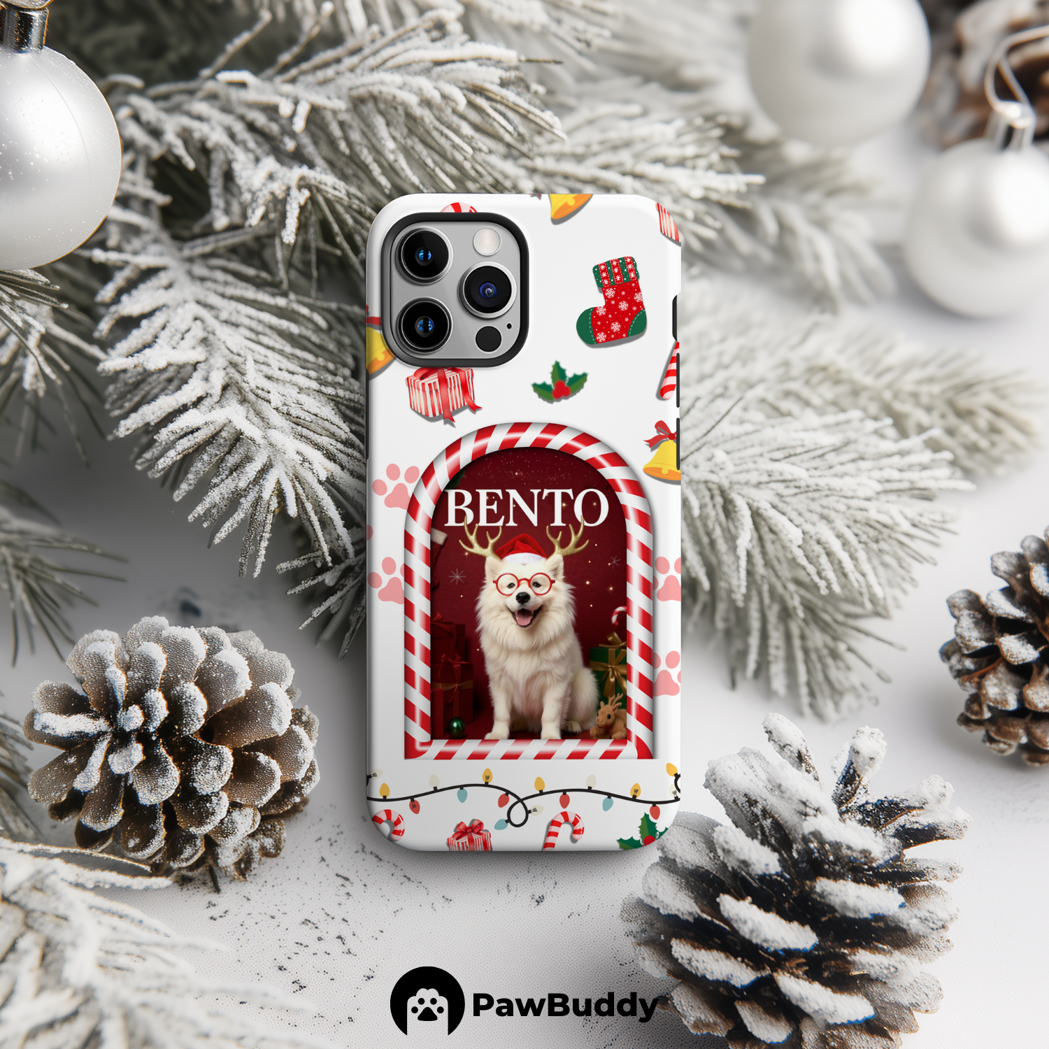 Custom Pet Phone Case for iPhone 11-17, Personalized Festive Candy Cane Christmas Reindeer Design, Dual-Layer Shockproof PC+TPU Protective Cover with Glossy Wraparound Printing, Unique Gift for Pet Lovers