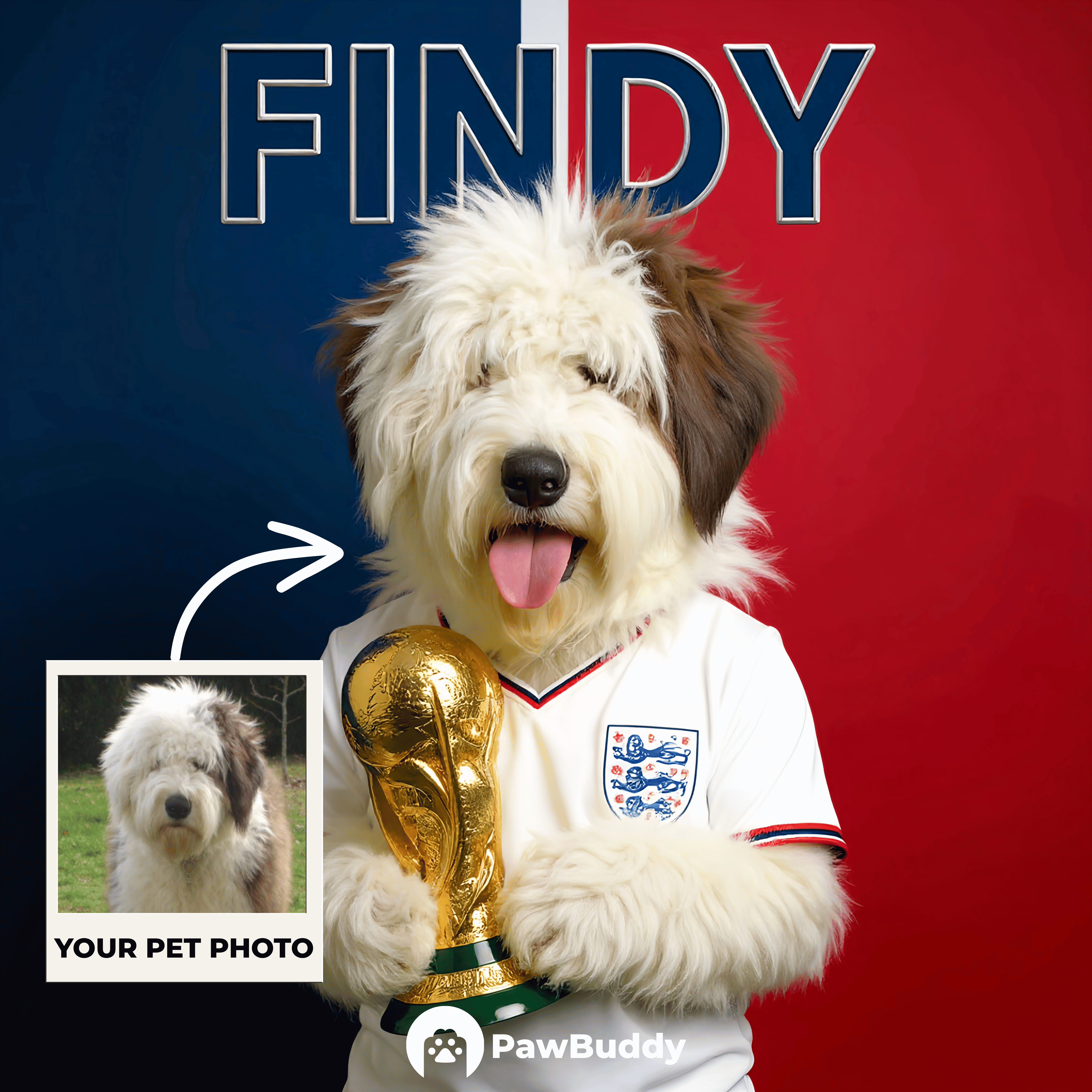 Custom Pet Portrait England Victory Football Style Digital Artwork - Personalized High-Resolution Artwork for Pet Lovers, Perfect for Online Sharing or as a Unique Sports Themed Keepsake