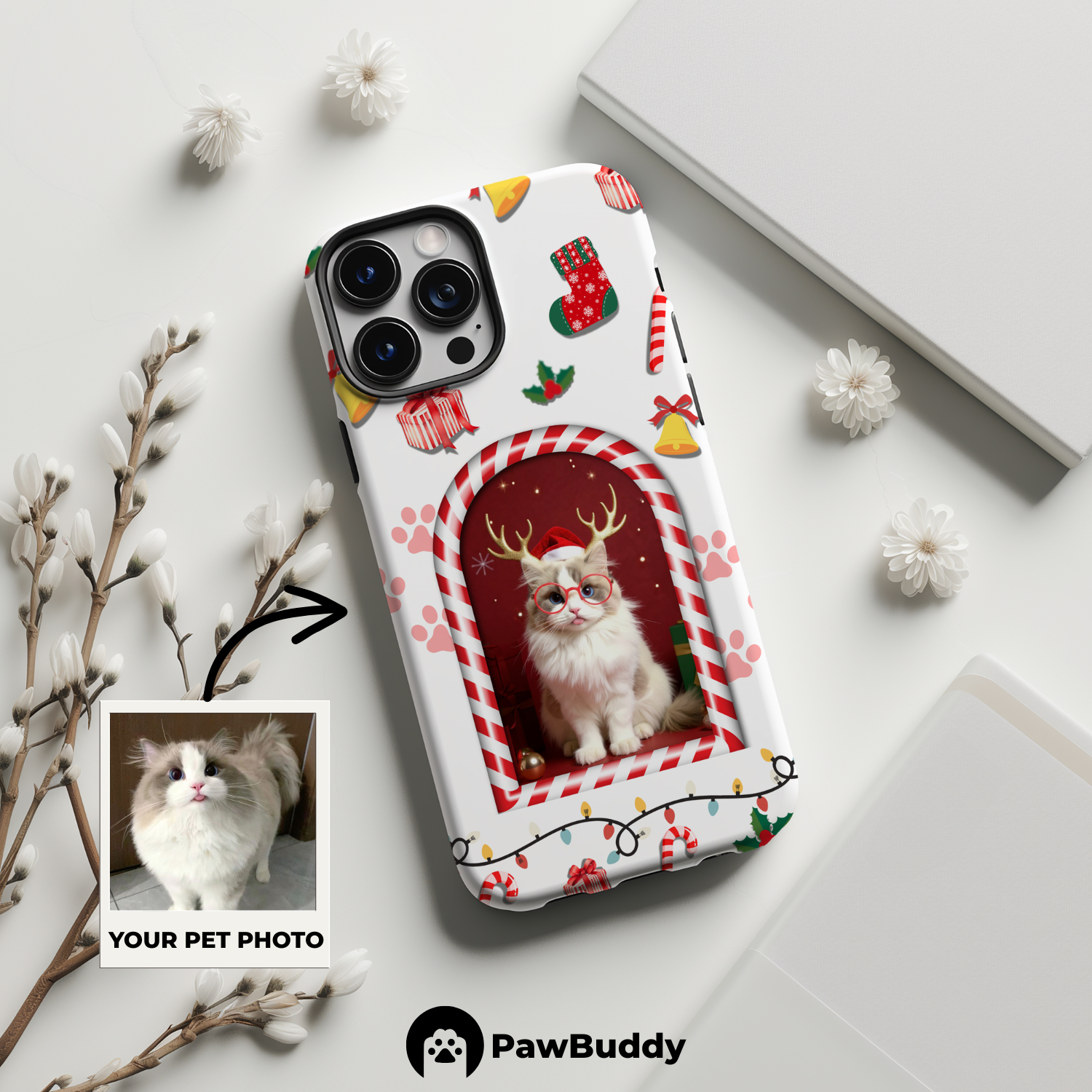 Custom Pet Phone Case for iPhone 11-17, Personalized Festive Candy Cane Christmas Reindeer Design, Dual-Layer Shockproof PC+TPU Protective Cover with Glossy Wraparound Printing, Unique Gift for Pet Lovers