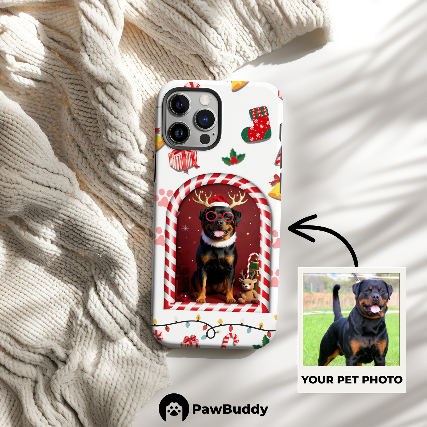Custom Pet Phone Case for iPhone 11-17, Personalized Festive Candy Cane Christmas Reindeer Design, Dual-Layer Shockproof PC+TPU Protective Cover with Glossy Wraparound Printing, Unique Gift for Pet Lovers