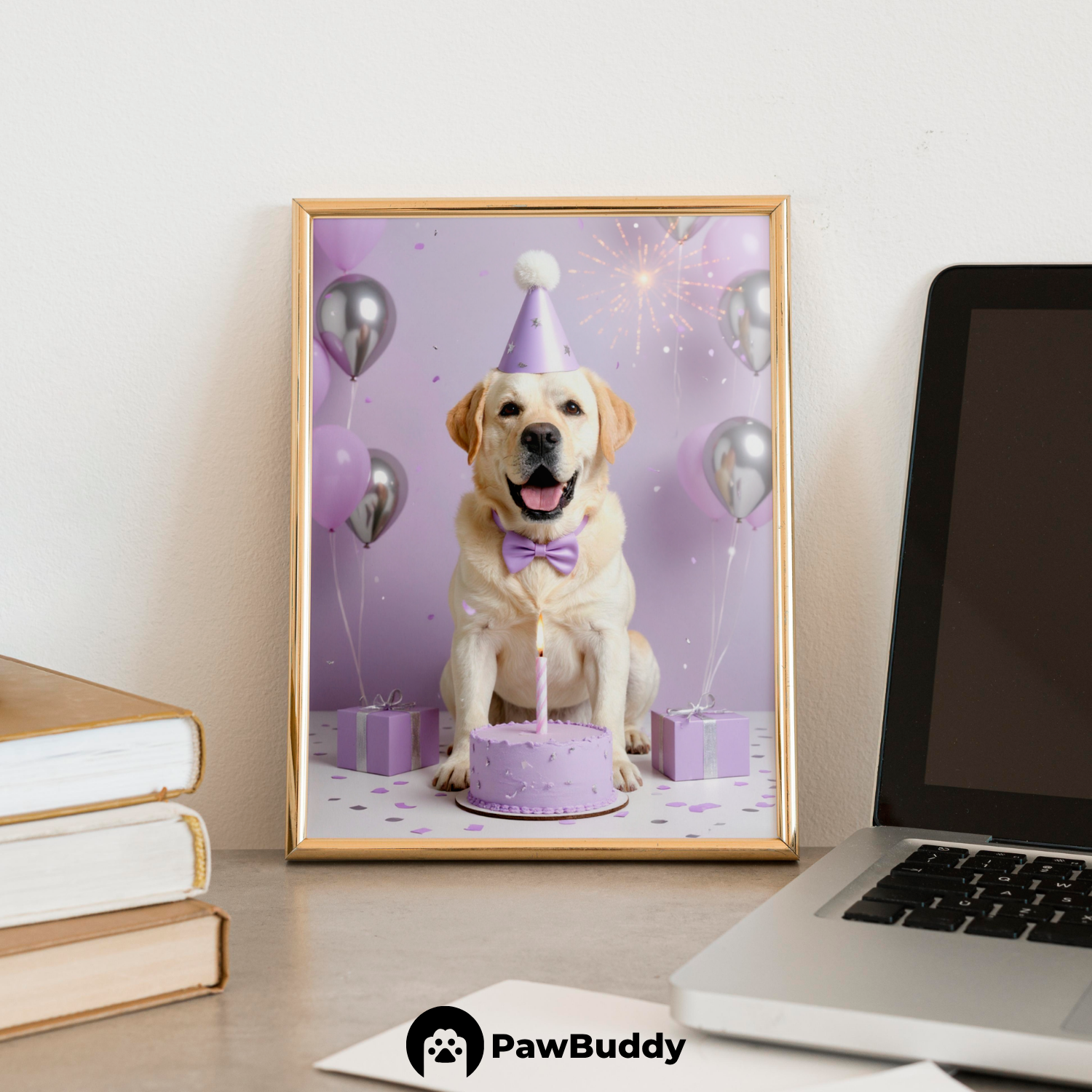 Custom Pet Poster Birthday Celebration Portrait with Purple Background – Personalized High-Resolution Matte Print for Wall Art, Home Decor, or Unique Gifts for Pet Lovers (Frame Not Included)