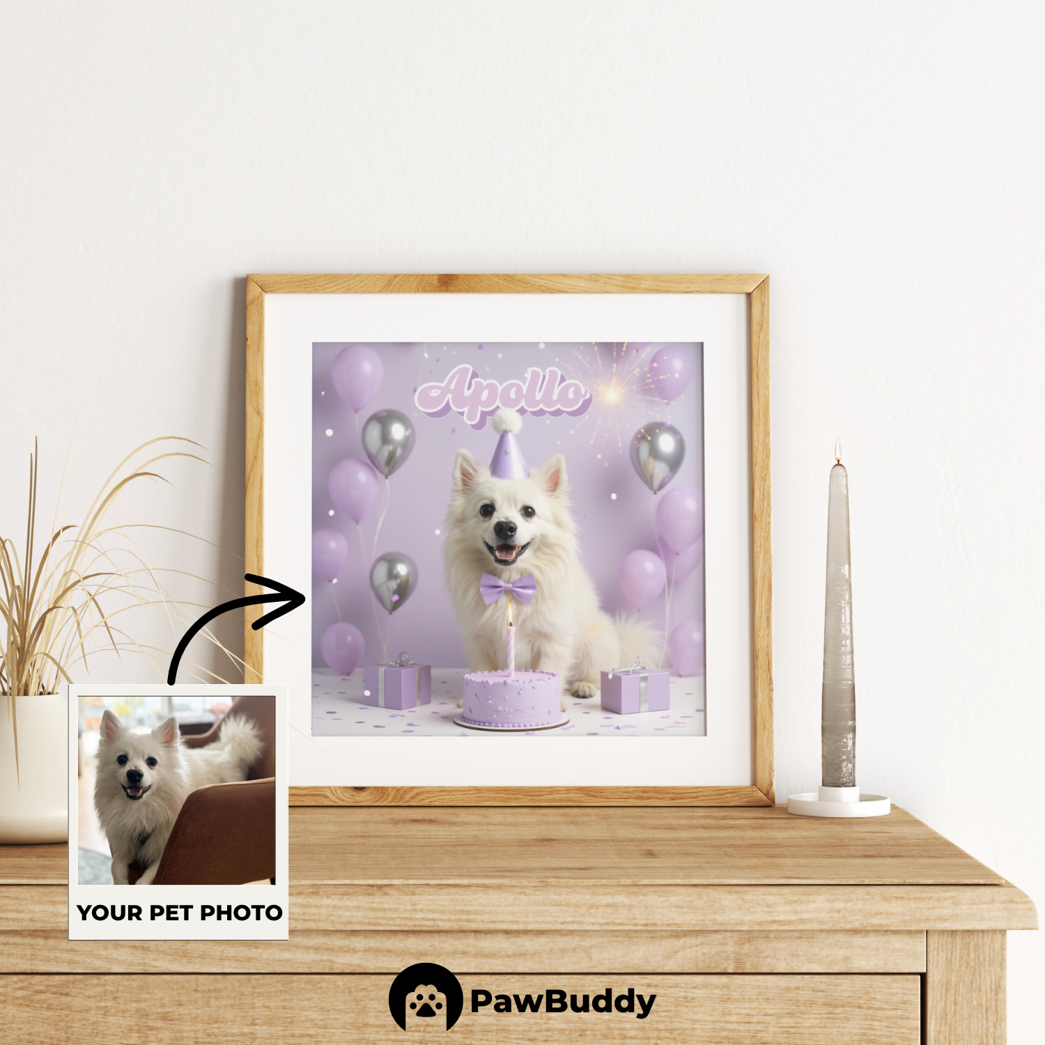 Custom Pet Poster Birthday Celebration Portrait with Purple Background – Personalized High-Resolution Matte Print for Wall Art, Home Decor, or Unique Gifts for Pet Lovers (Frame Not Included)