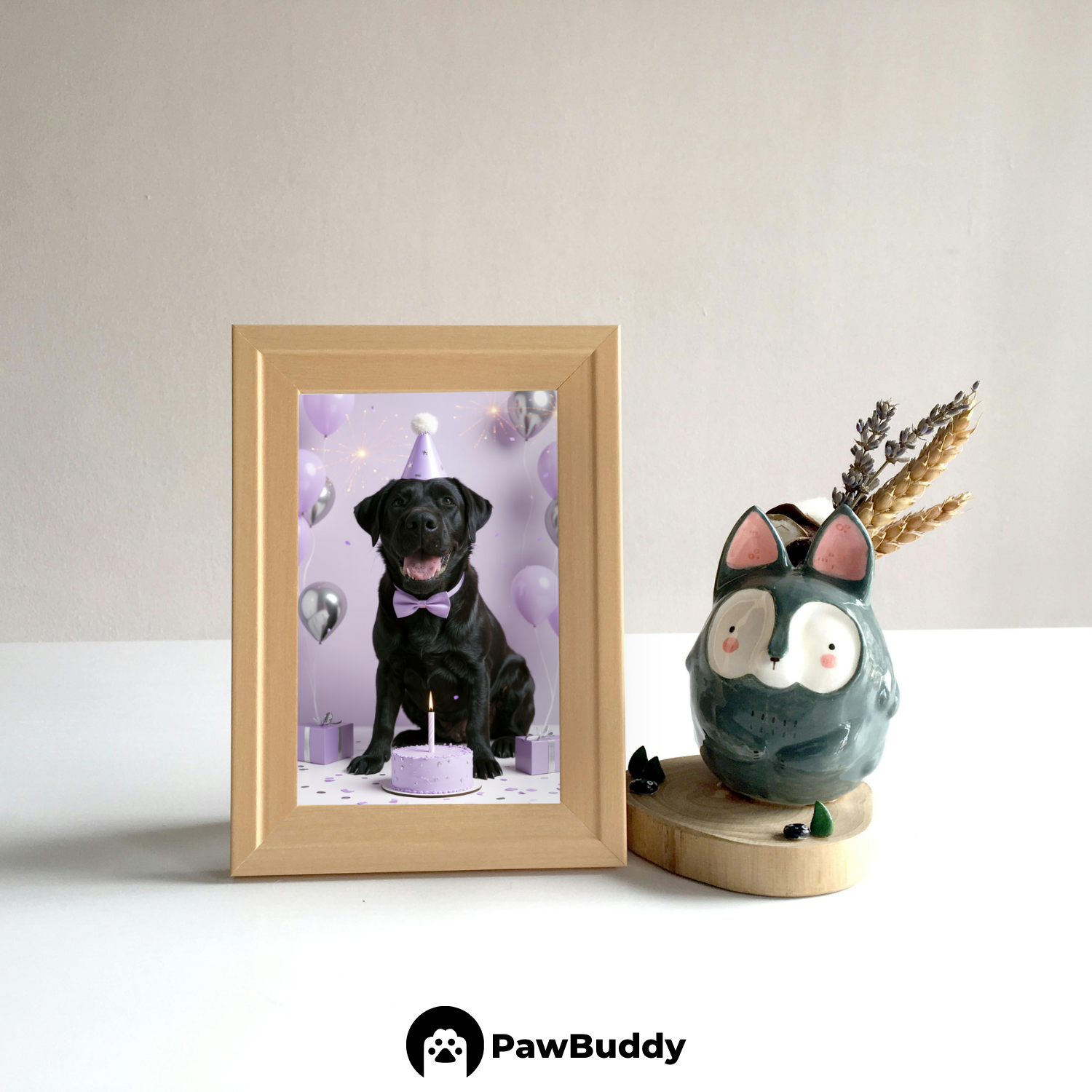 Custom Pet Poster Birthday Celebration Portrait with Purple Background – Personalized High-Resolution Matte Print for Wall Art, Home Decor, or Unique Gifts for Pet Lovers (Frame Not Included)