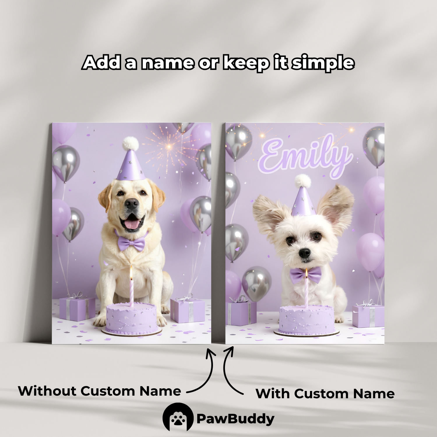 Custom Pet Poster Birthday Celebration Portrait with Purple Background – Personalized High-Resolution Matte Print for Wall Art, Home Decor, or Unique Gifts for Pet Lovers (Frame Not Included)