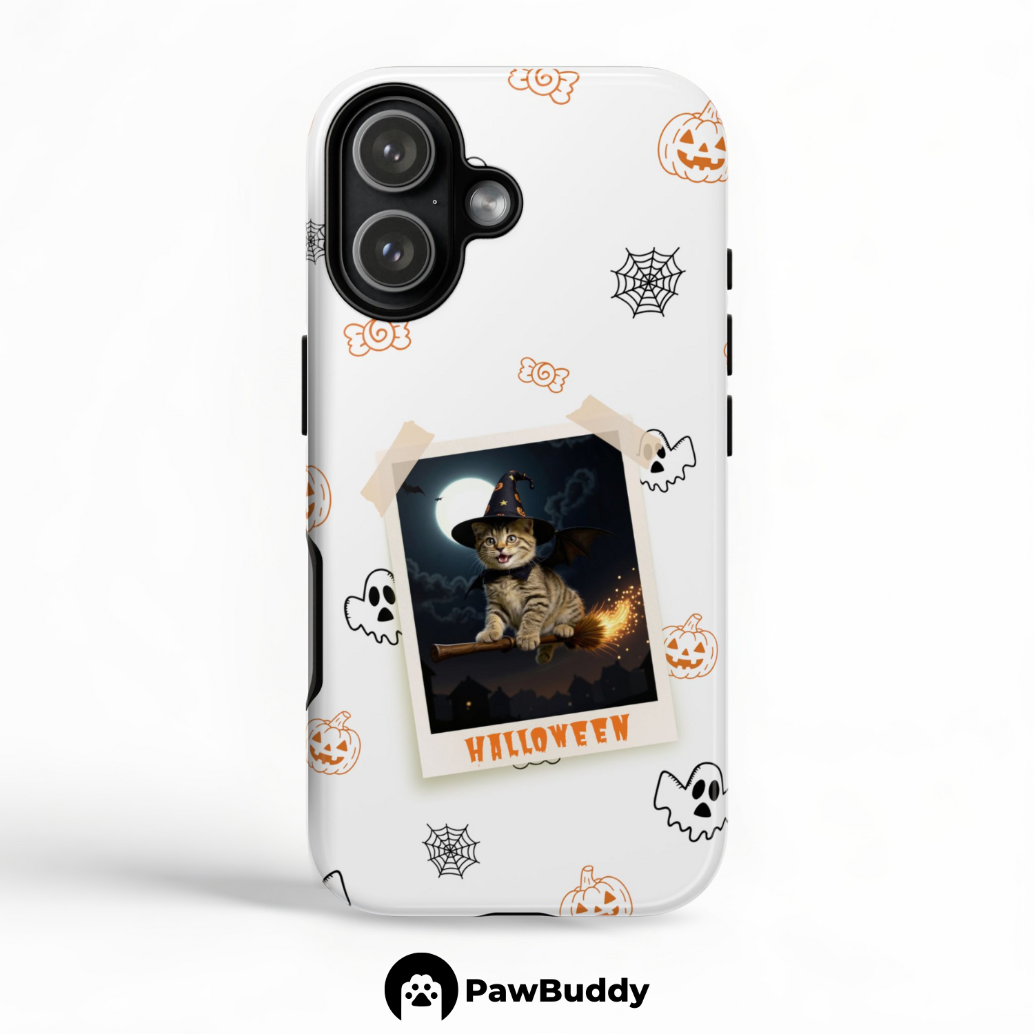 Custom Pet Phone Case for iPhone 11–17, Personalized Halloween Witch Polaroid Frame Design with Pumpkin and Ghost Icons, Dual-Layer Shockproof PC+TPU Protective Cover with Glossy Wraparound Printing, Unique Gift for Pet Lovers