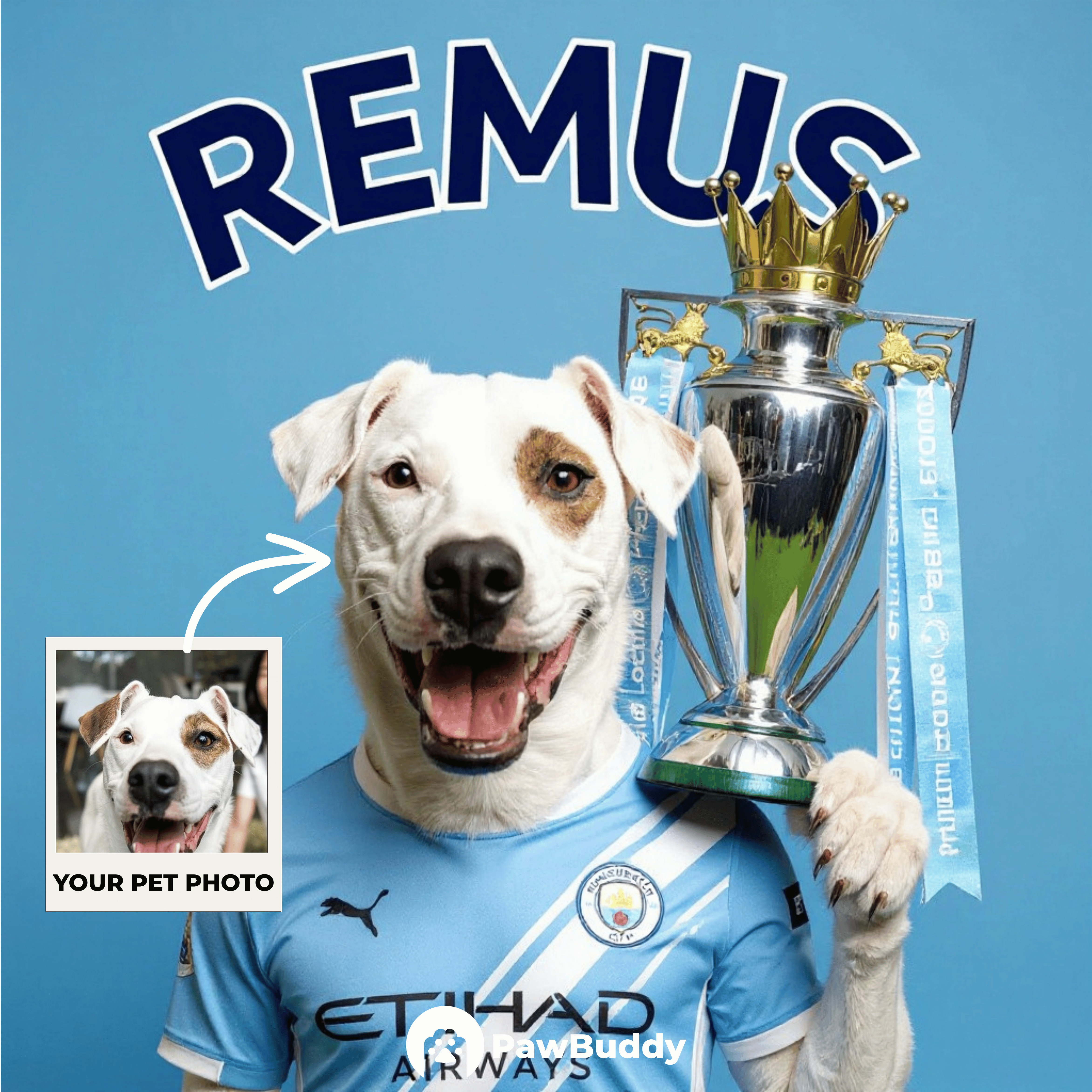 Custom Pet Portrait Sky Blue Champion Digital Artwork – Personalized High-Resolution Artwork for Pet Lovers, Perfect for Online Sharing or as a Premier Football-Inspired Keepsake