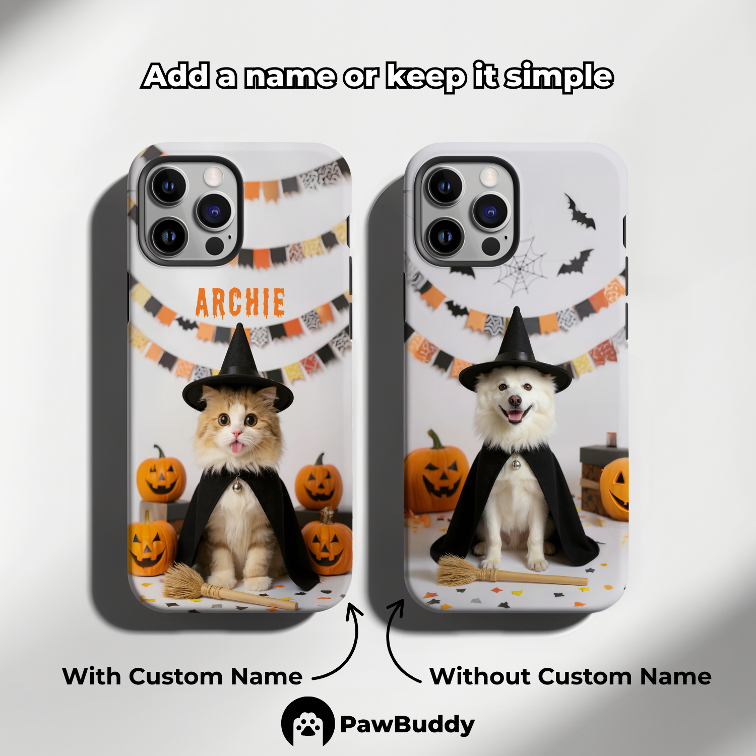 Custom Pet Phone Case for iPhone 11–17, Personalized Halloween Witch Studio Design with Pumpkins and Broom, Dual-Layer Shockproof PC+TPU Protective Cover with Glossy Wraparound Printing, Unique Gift for Pet Lovers
