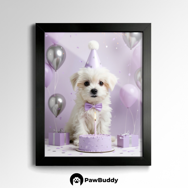Custom Pet Poster Birthday Celebration Portrait with Purple Background – Personalized High-Resolution Matte Print for Wall Art, Home Decor, or Unique Gifts for Pet Lovers
