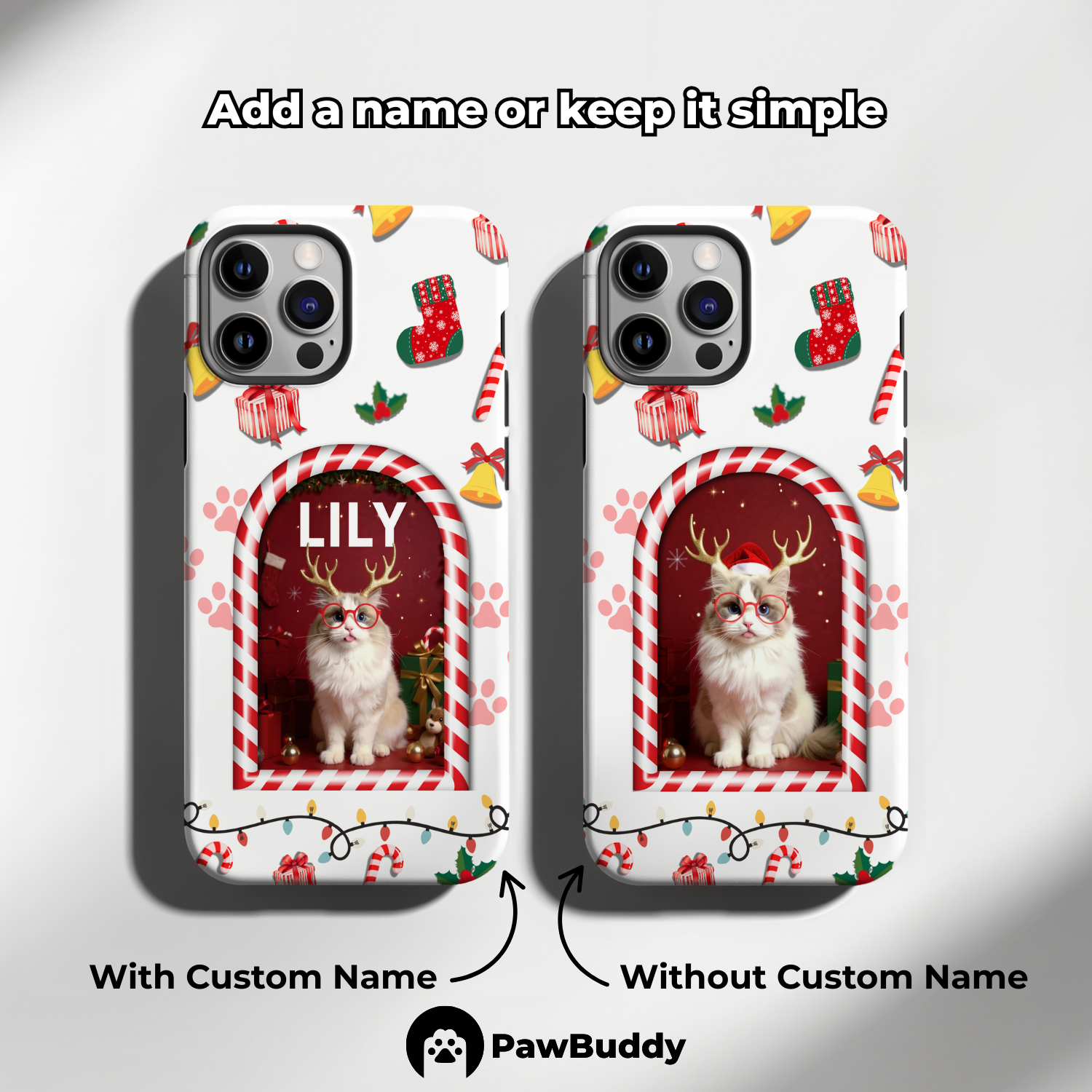 Custom Pet Phone Case for iPhone 11-17, Personalized Festive Candy Cane Christmas Reindeer Design, Dual-Layer Shockproof PC+TPU Protective Cover with Glossy Wraparound Printing, Unique Gift for Pet Lovers