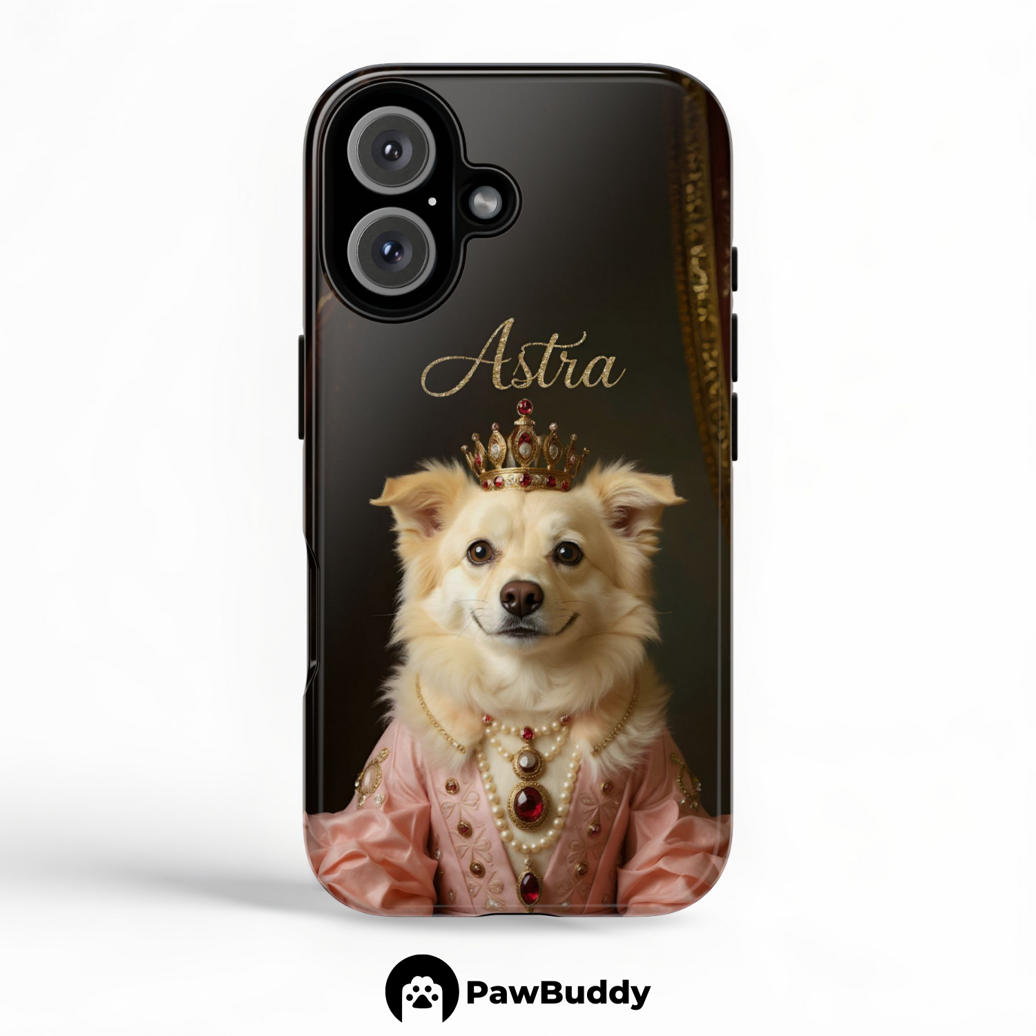 Custom Pet Phone Case for iPhone 11–17, Personalized Regal Royal Portrait Pink Gown Design with Jeweled Crown and Gem Details, Dual-Layer Shockproof PC+TPU Protective Cover with Glossy Wraparound Printing, Unique Gift for Pet Lovers