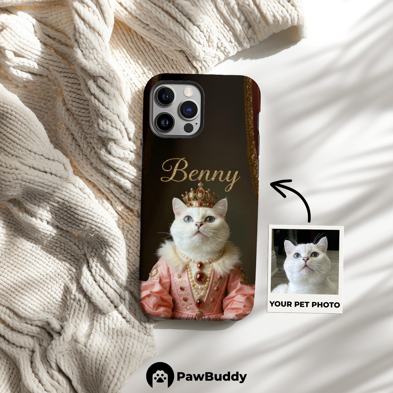 Custom Pet Phone Case for iPhone 11–17, Personalized Regal Royal Portrait Pink Gown Design with Jeweled Crown and Gem Details, Dual-Layer Shockproof PC+TPU Protective Cover with Glossy Wraparound Printing, Unique Gift for Pet Lovers