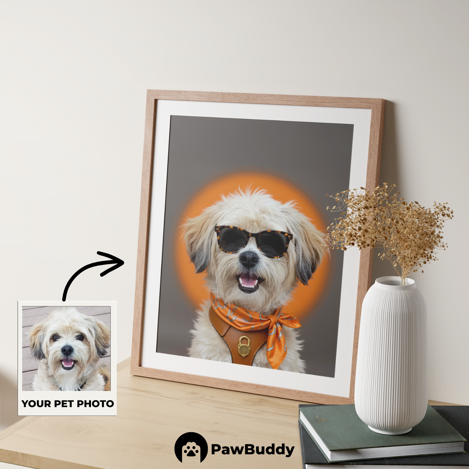 Custom Pet Poster Vibrant Sunset Couture Portrait – Personalized High-Resolution Matte Print for Wall Art, Home Decor, or Unique Luxury-Inspired Gifts for Pet Lovers (Frame Not Included)